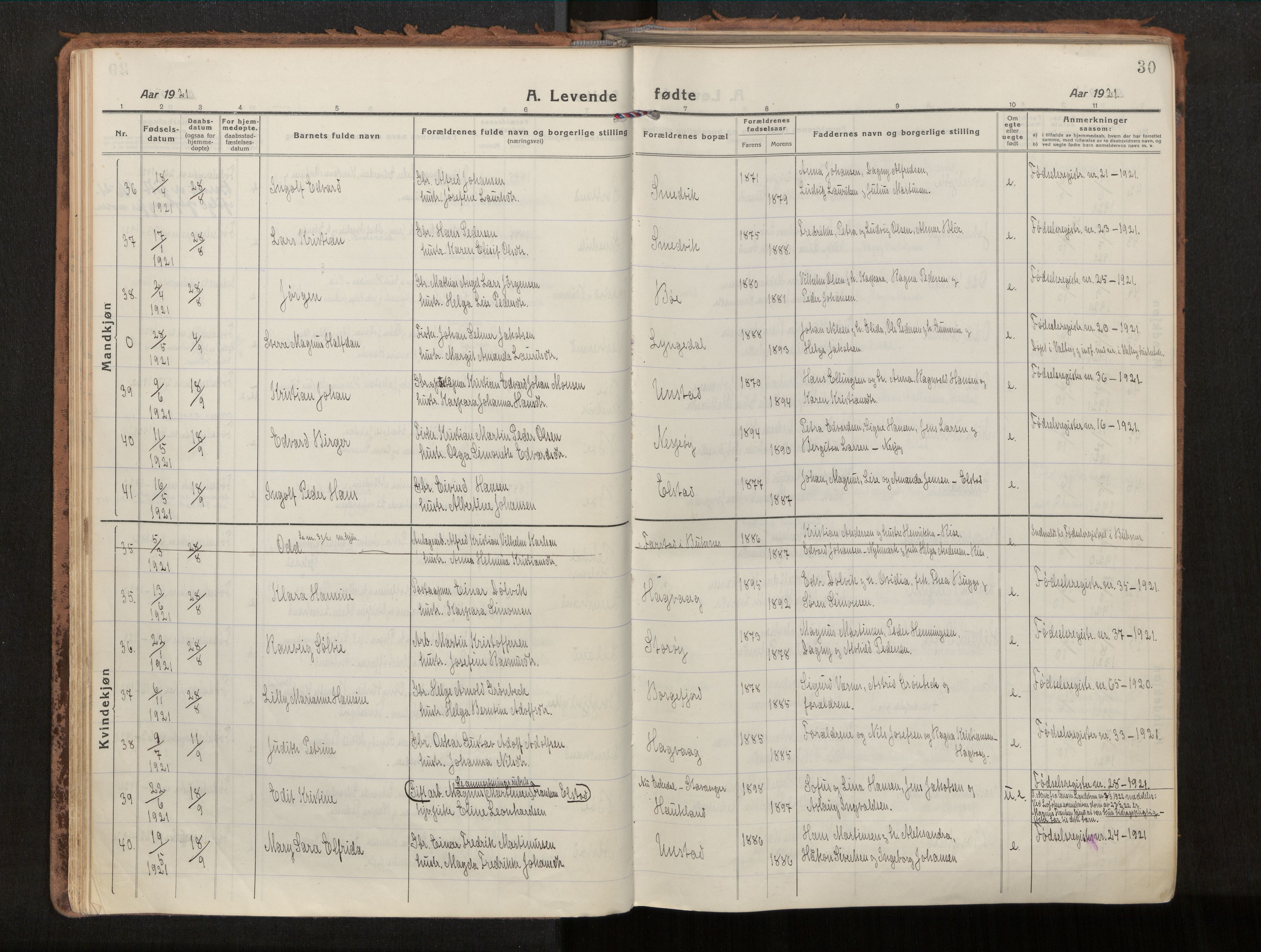 Ministerialprotokoller, klokkerbøker og fødselsregistre - Nordland, AV/SAT-A-1459/880/L1136: Parish register (official) no. 880A10, 1919-1927, p. 30