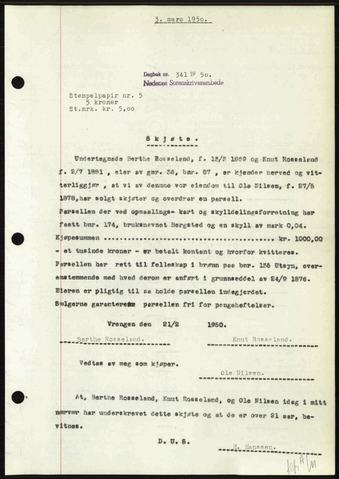 Nedenes sorenskriveri, SAK/1221-0006/G/Gb/Gba/L0062: Mortgage book no. A14, 1949-1950, Diary no: : 341/1950