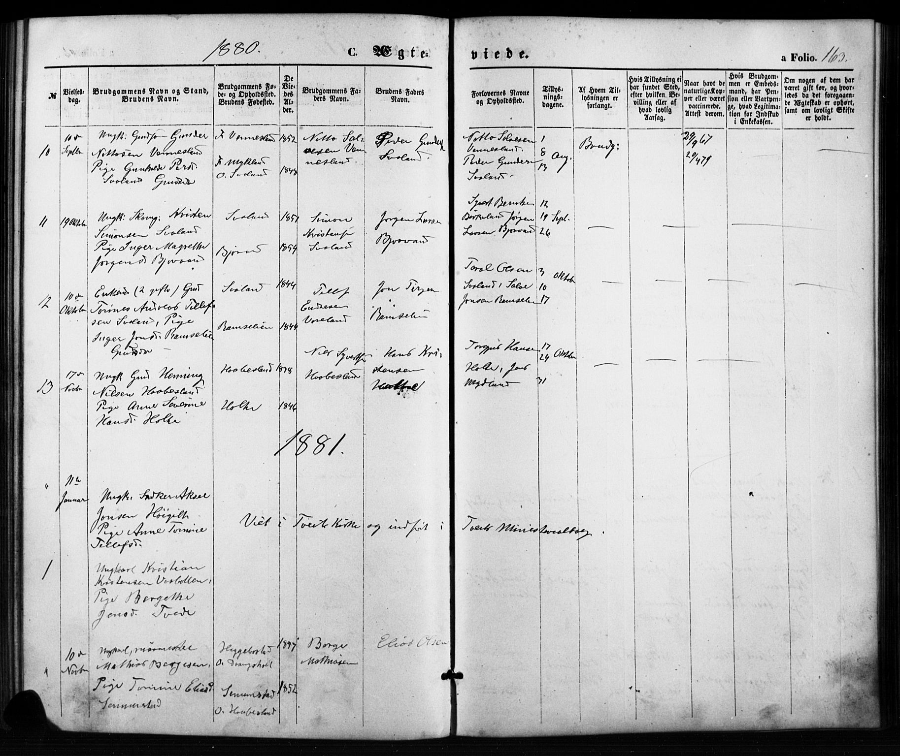 Birkenes sokneprestkontor, SAK/1111-0004/F/Fb/L0003: Parish register (copy) no. B 3, 1876-1892, p. 163