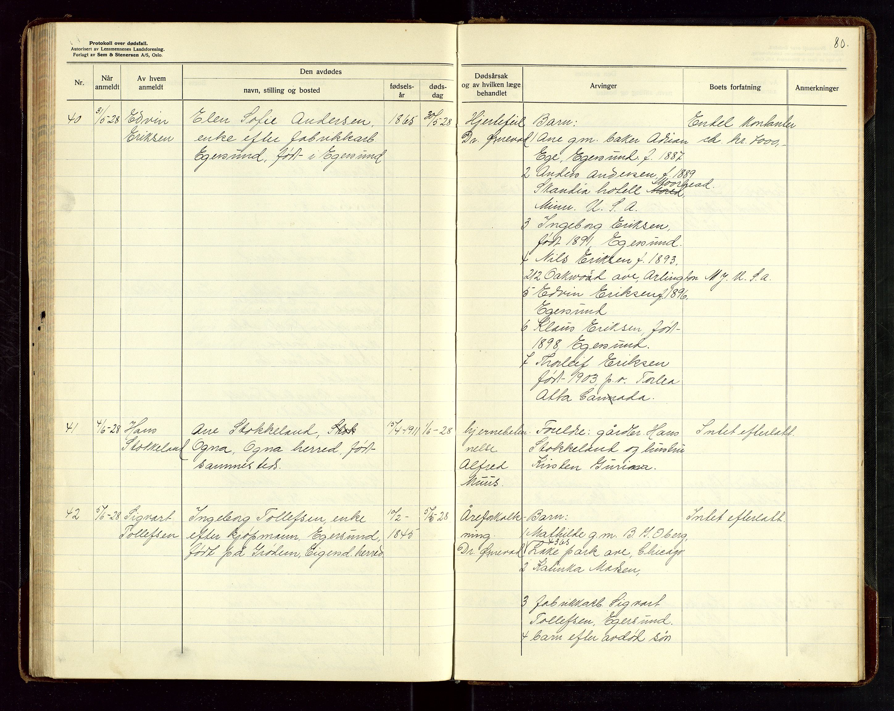 Eigersund lensmannskontor, AV/SAST-A-100171/Gga/L0010: "Protokoll over anmeldte dødsfall" m/alfabetisk navneregister, 1926-1928, p. 80