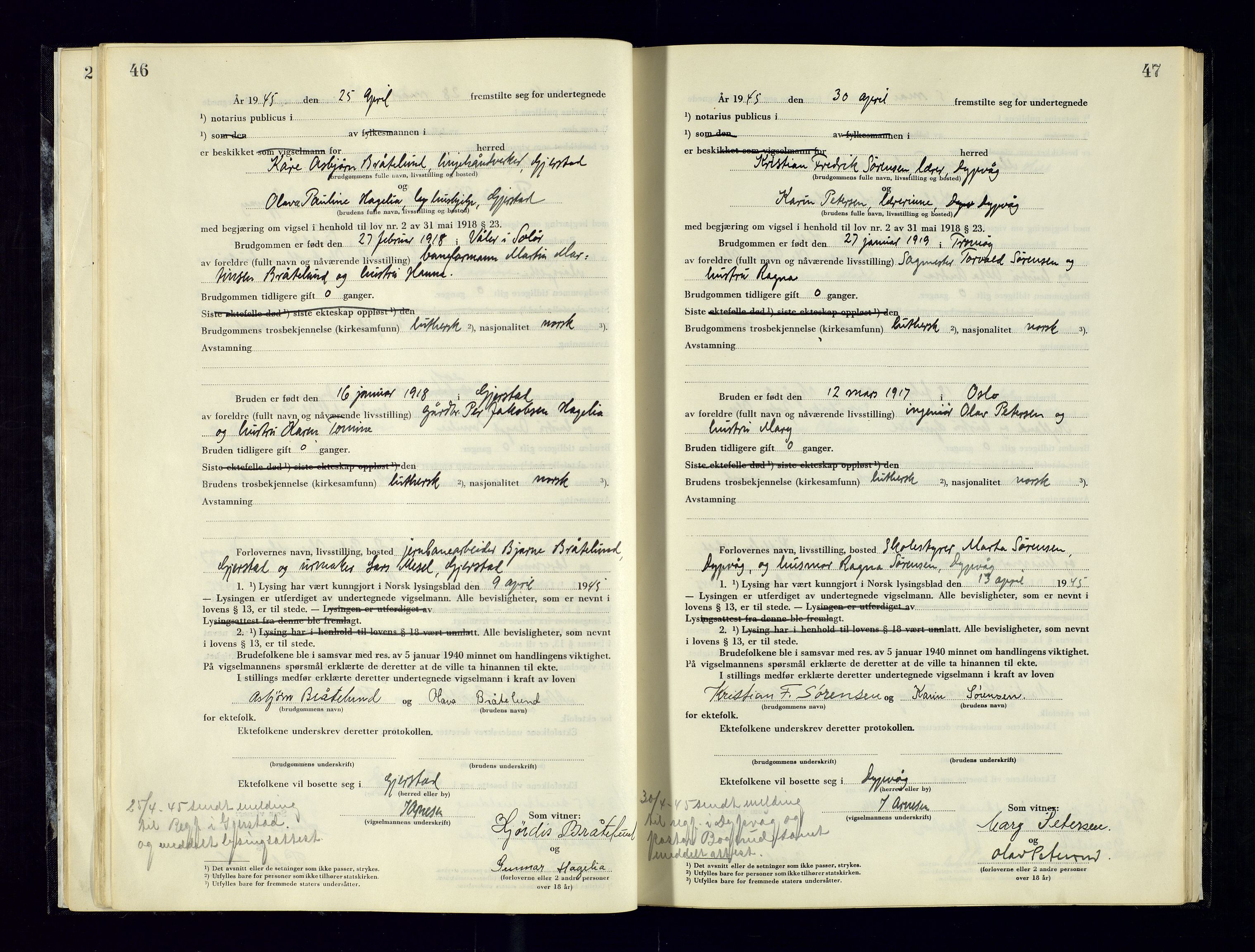 Holt sorenskriveri, AV/SAK-1221-0002/L/Ld/L0003: Vigselbok nr. 2, 1944-1964, p. 46-47