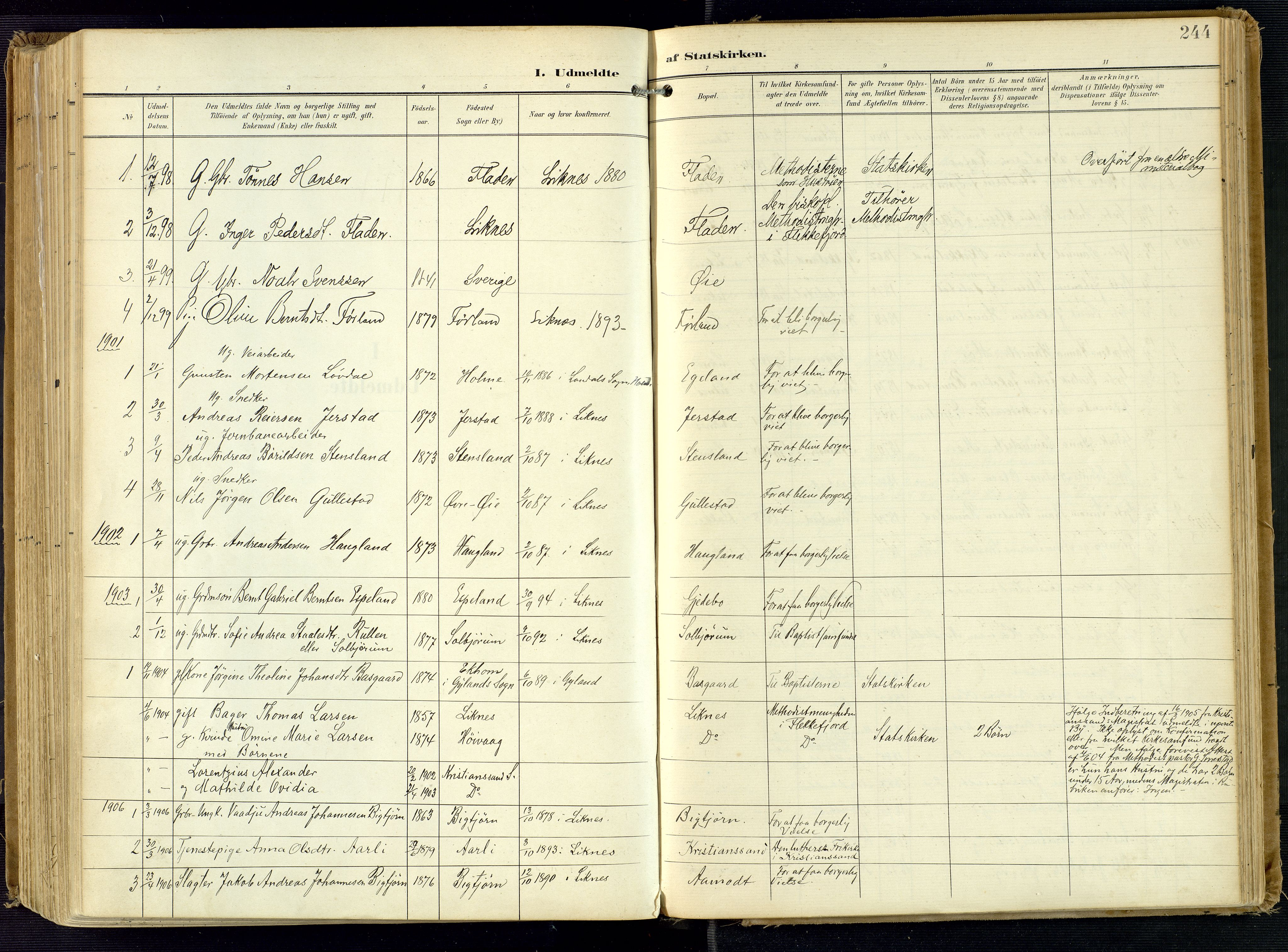 Kvinesdal sokneprestkontor, AV/SAK-1111-0026/F/Fa/Fab/L0009: Parish register (official) no. A 9, 1898-1915, p. 244