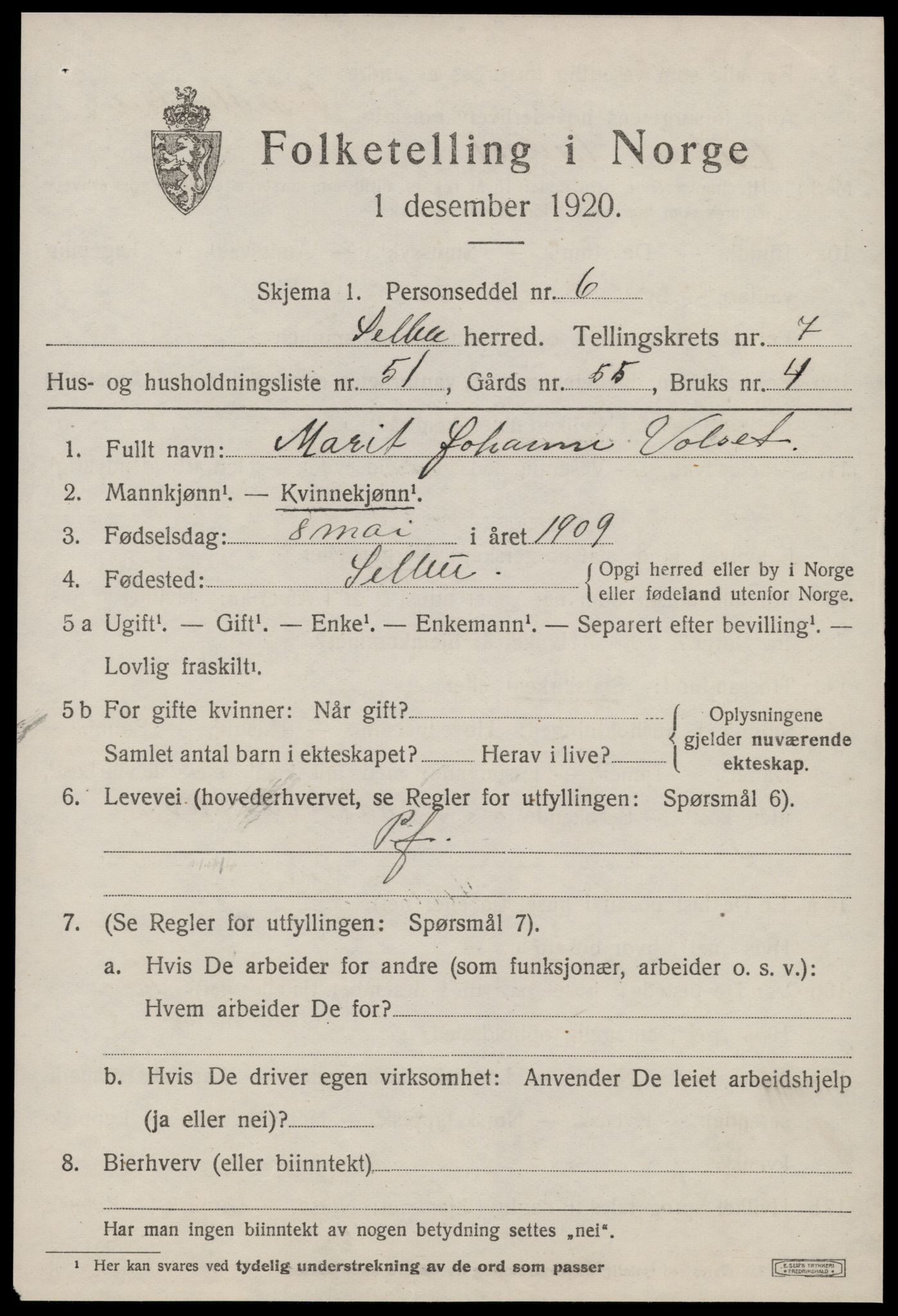 SAT, 1920 census for Selbu, 1920, p. 4424