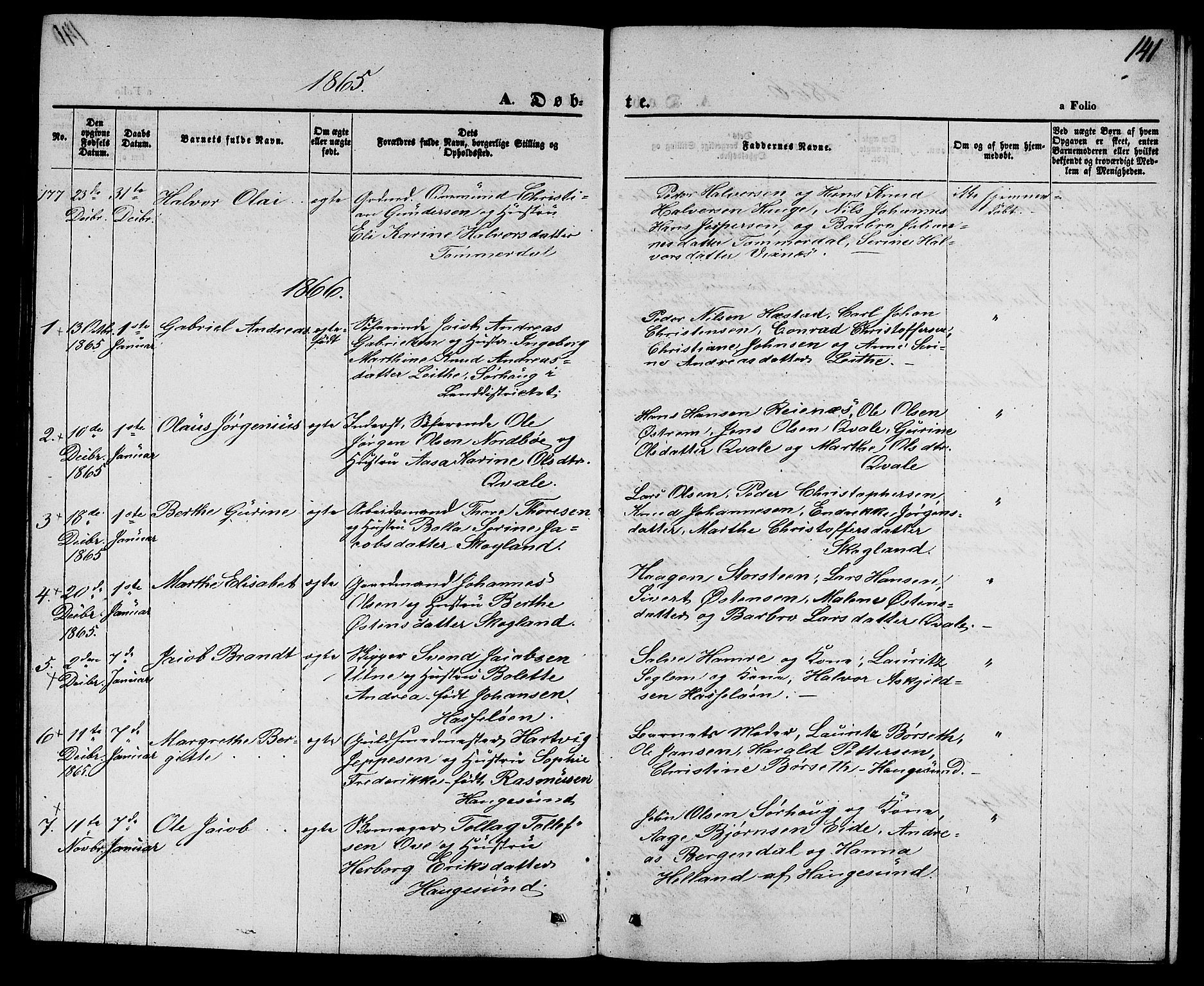 Torvastad sokneprestkontor, SAST/A -101857/H/Ha/Hab/L0006: Parish register (copy) no. B 6, 1858-1867, p. 141