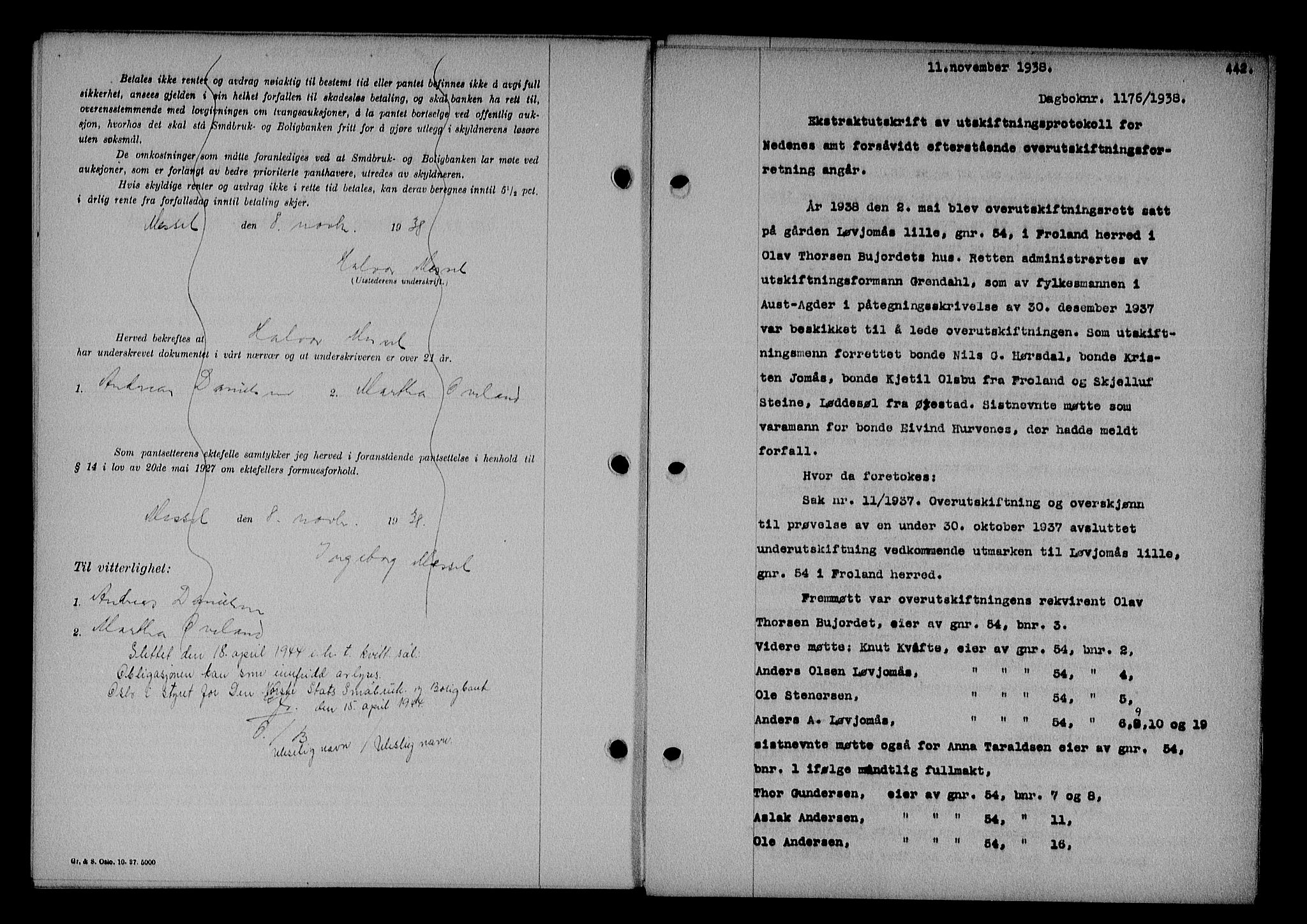 Nedenes sorenskriveri, SAK/1221-0006/G/Gb/Gba/L0045: Mortgage book no. 41, 1938-1938, Diary no: : 1176/1938