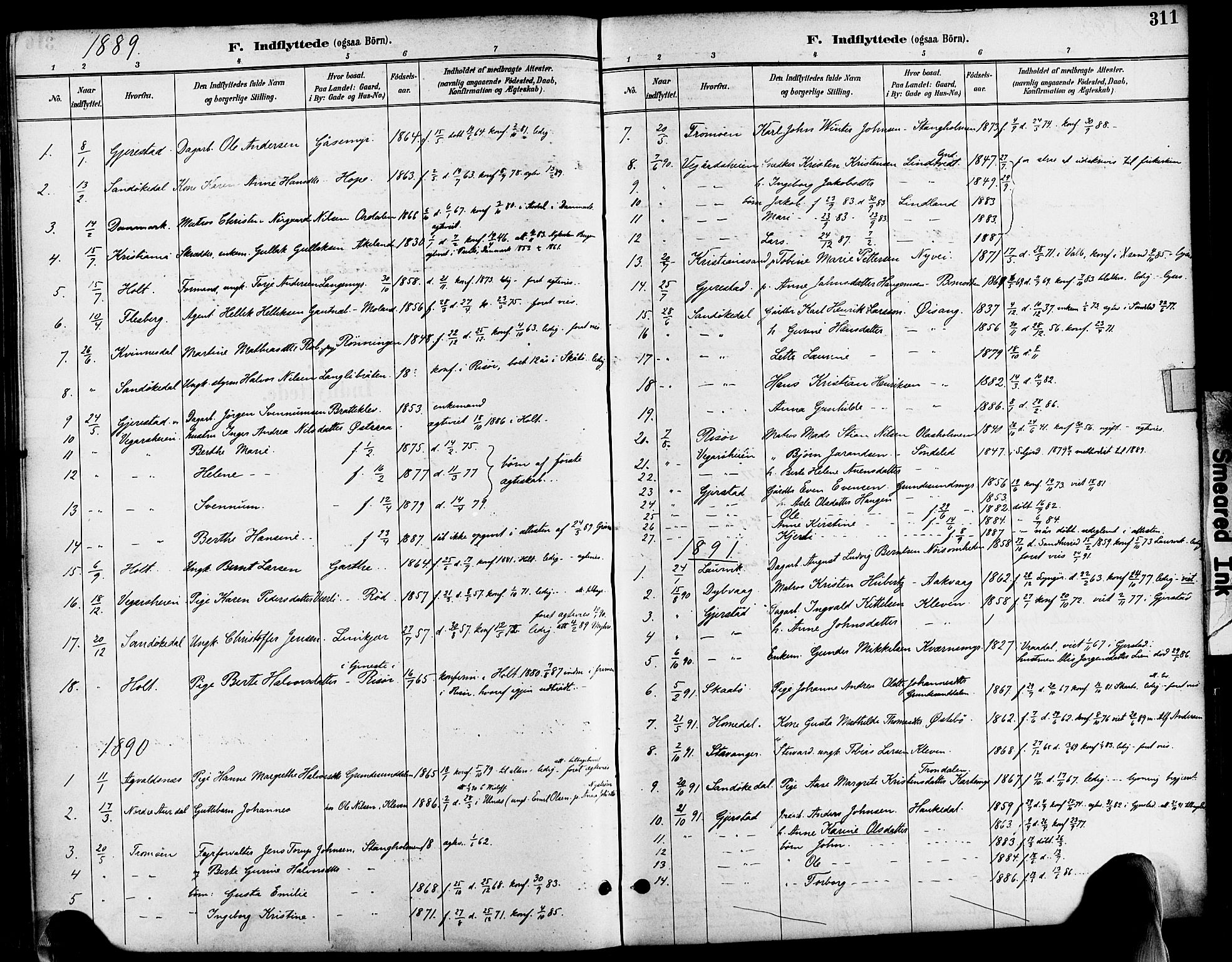 Søndeled sokneprestkontor, SAK/1111-0038/F/Fa/L0005: Parish register (official) no. A 5, 1889-1899, p. 311