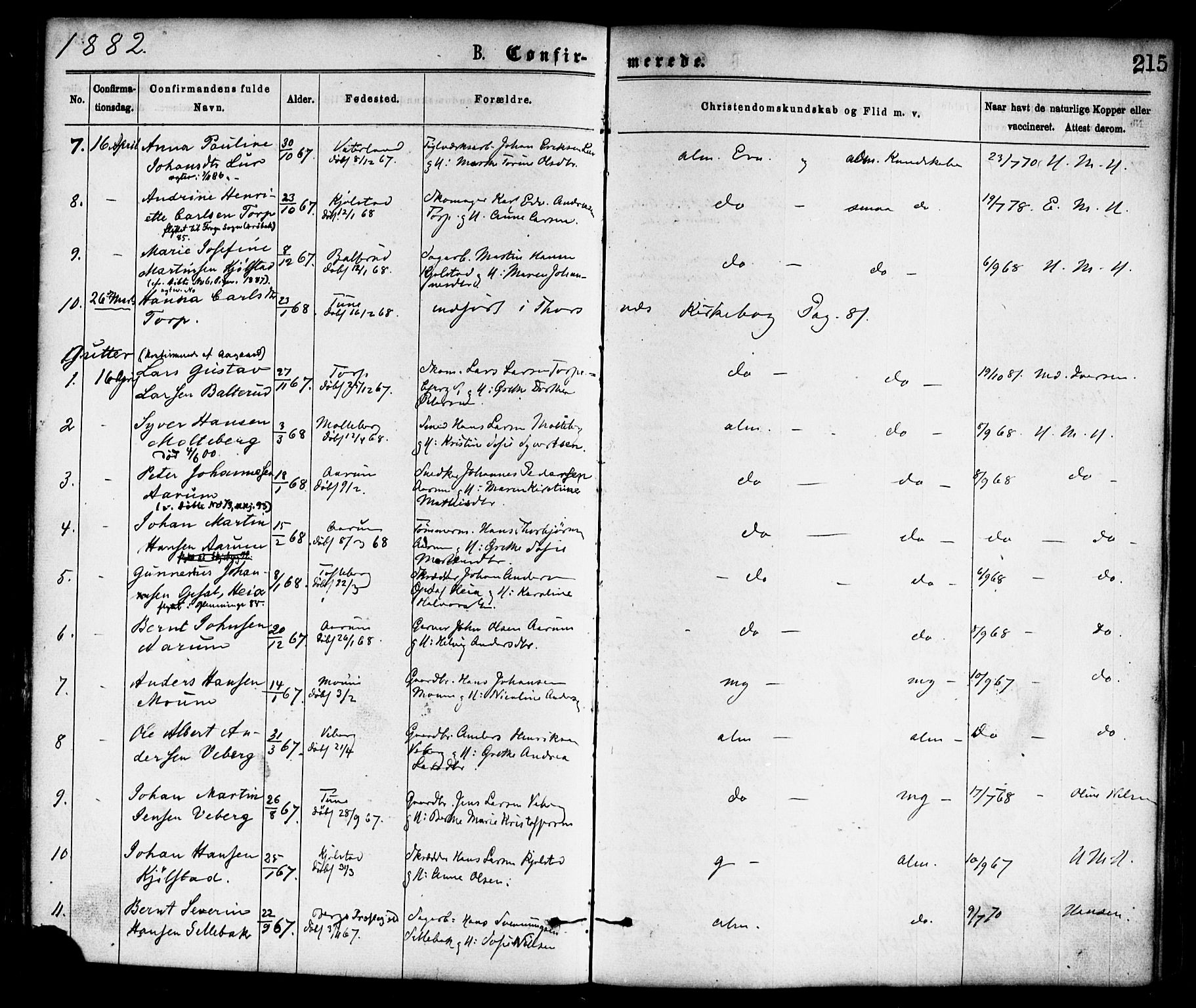 Borge prestekontor Kirkebøker, SAO/A-10903/F/Fa/L0007: Parish register (official) no. I 7, 1875-1886, p. 215