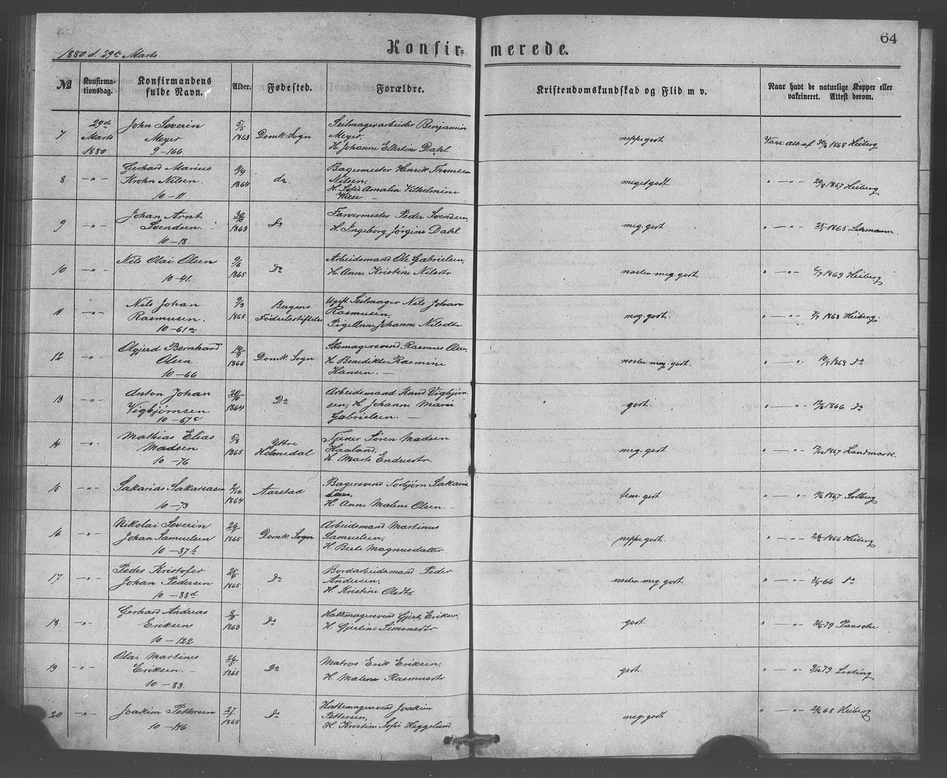 Domkirken sokneprestembete, SAB/A-74801/H/Haa/L0065: Curate's parish register no. A 3, 1874-1880, p. 64