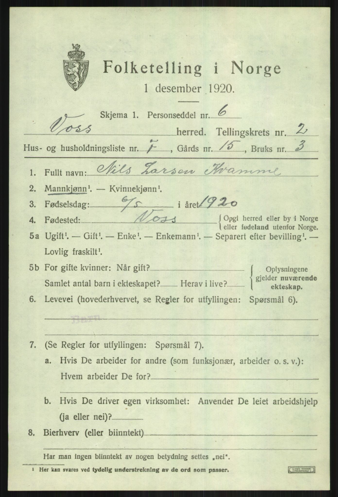 SAB, 1920 census for Voss, 1920, p. 3539