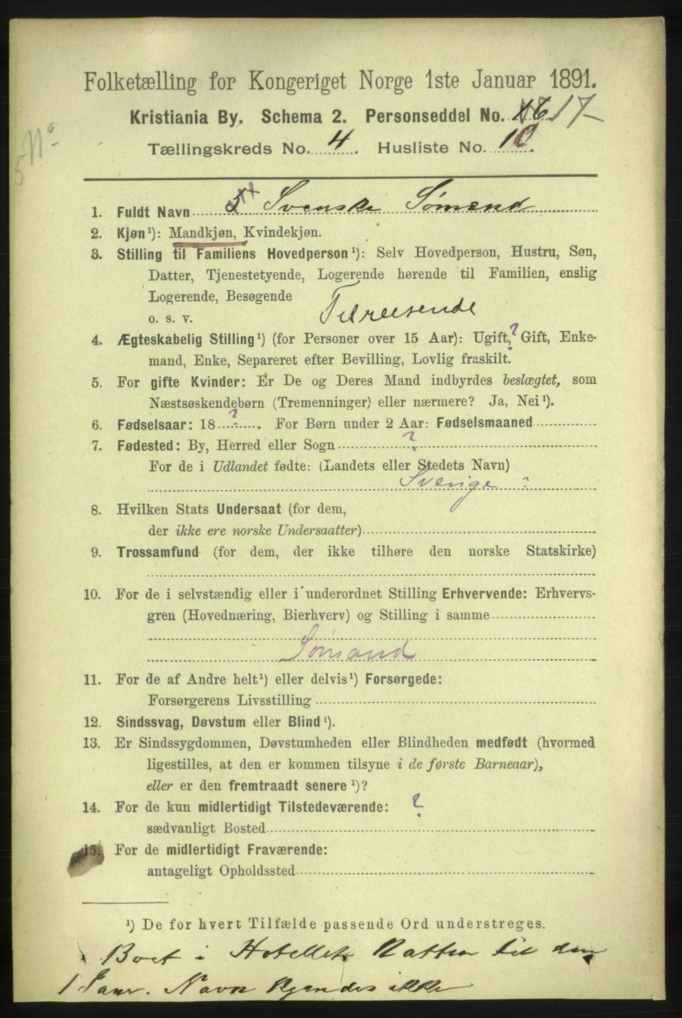 RA, 1891 census for 0301 Kristiania, 1891, p. 2233