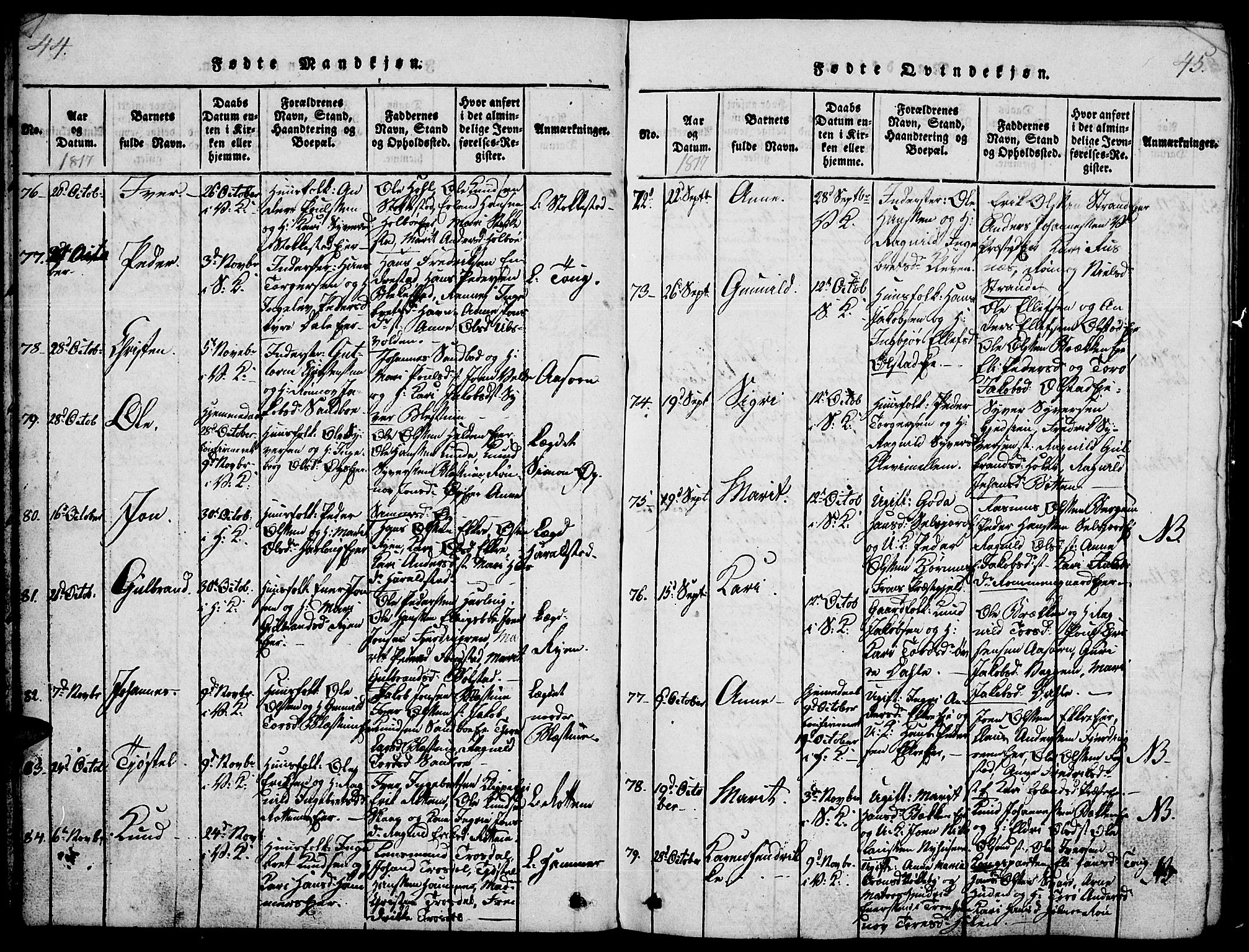 Vågå prestekontor, SAH/PREST-076/H/Ha/Haa/L0003: Parish register (official) no. 3, 1815-1827, p. 44-45