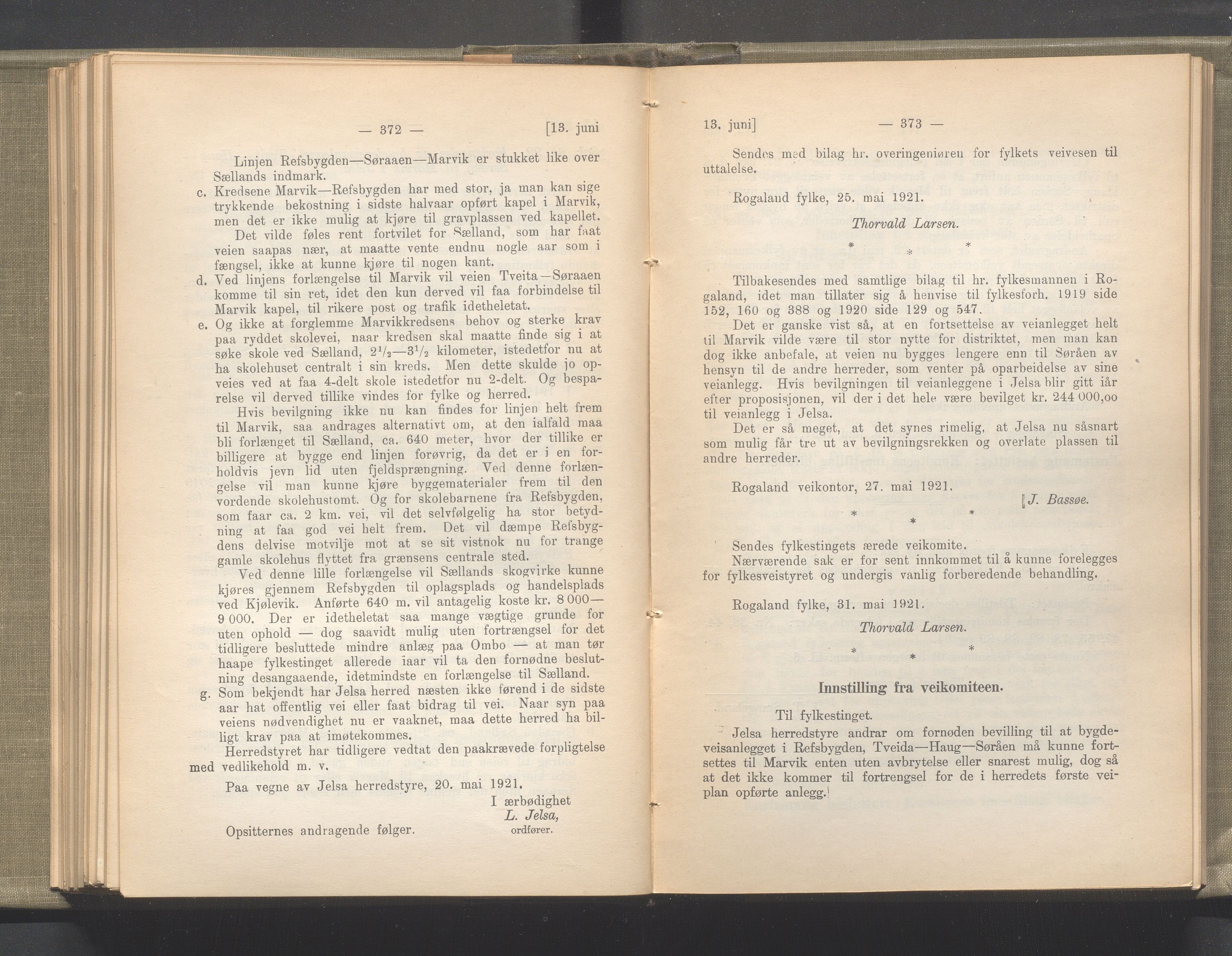 Rogaland fylkeskommune - Fylkesrådmannen , IKAR/A-900/A/Aa/Aaa/L0040: Møtebok , 1921, p. 372-373