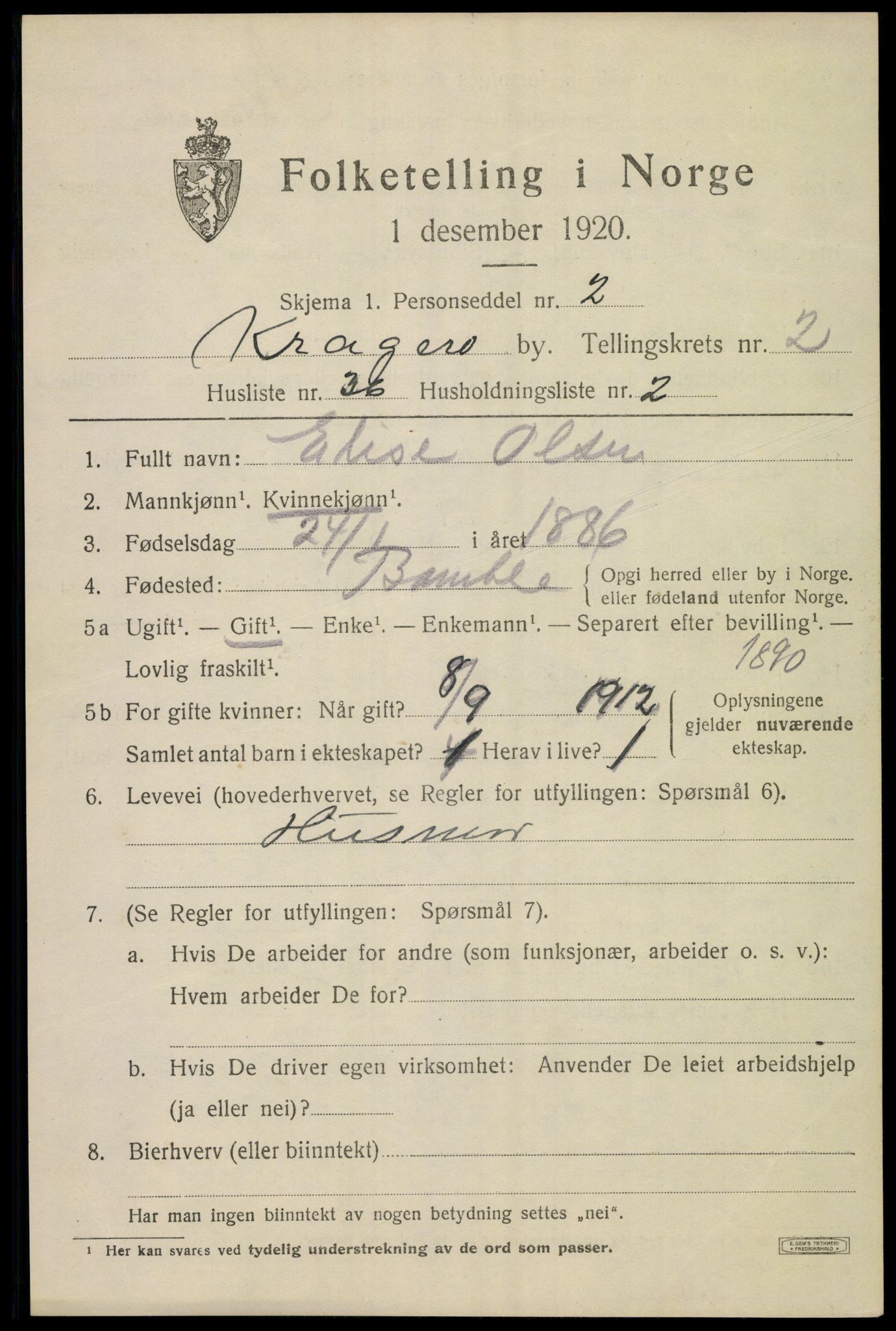 SAKO, 1920 census for Kragerø, 1920, p. 5785
