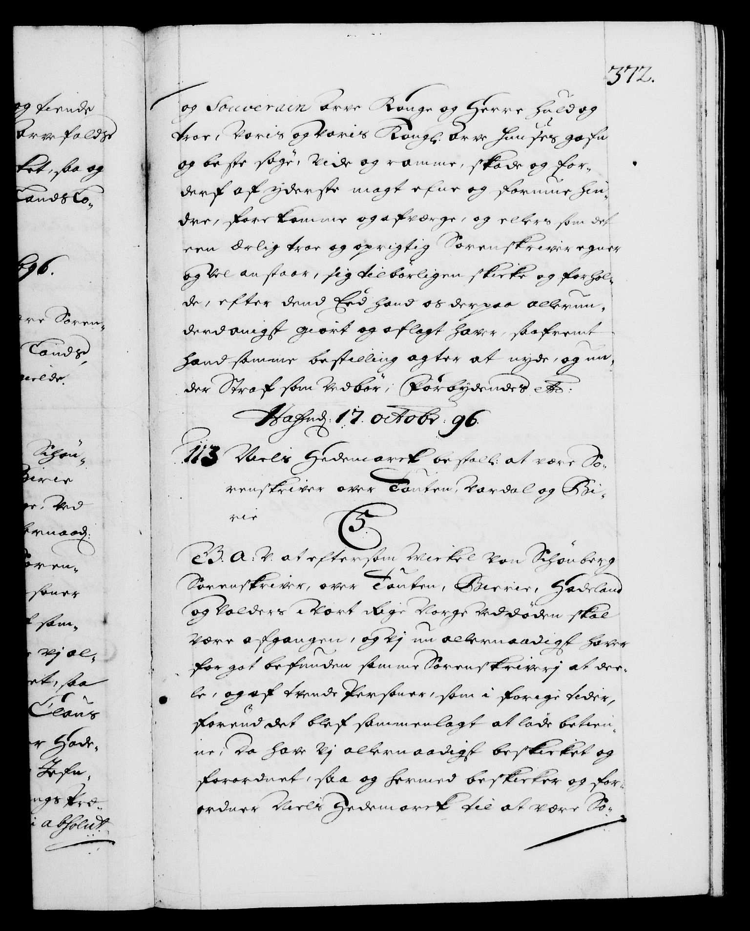 Danske Kanselli 1572-1799, AV/RA-EA-3023/F/Fc/Fca/Fcaa/L0016: Norske registre (mikrofilm), 1692-1697, p. 372a