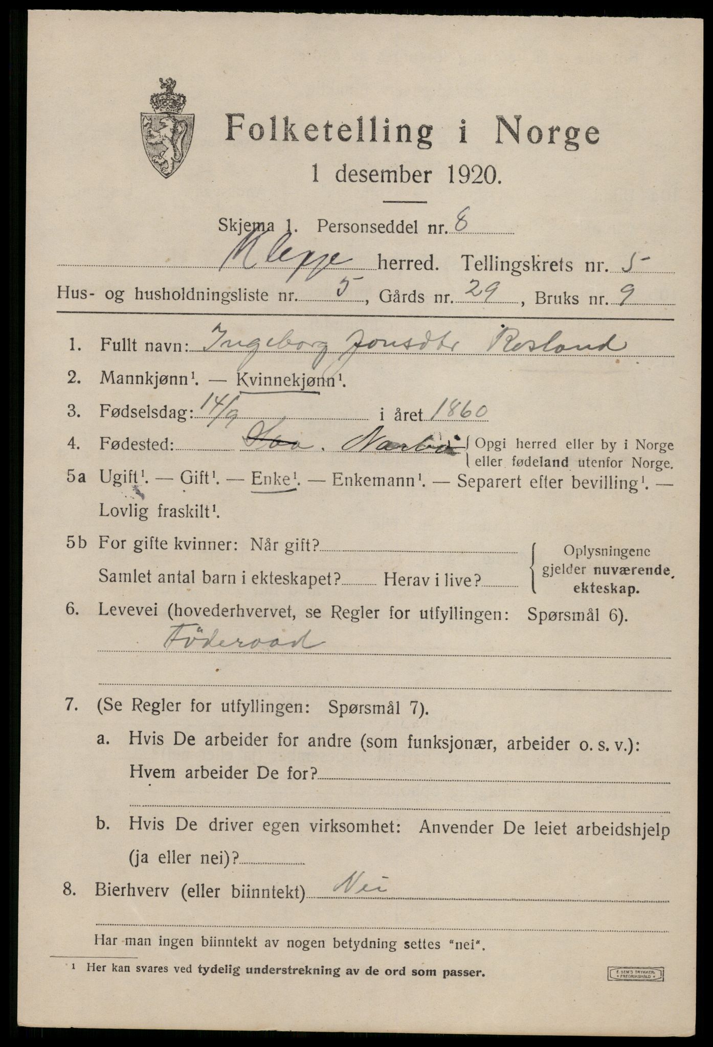 SAST, 1920 census for Klepp, 1920, p. 5398