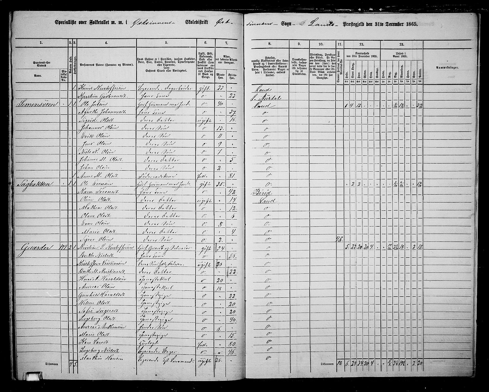 RA, 1865 census for Land, 1865, p. 196