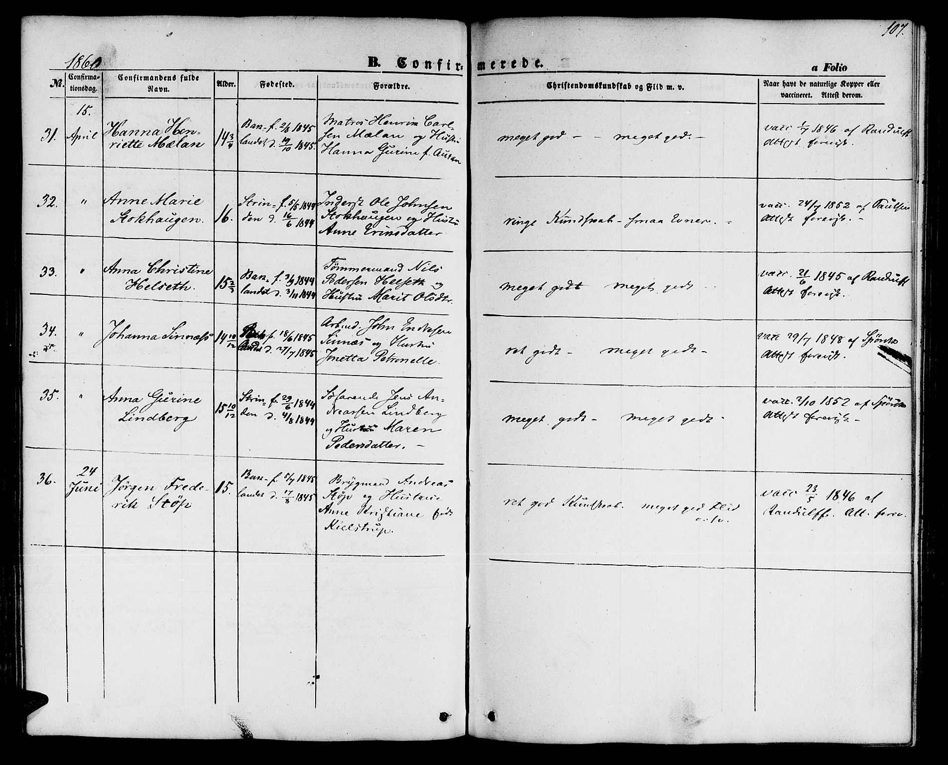 Ministerialprotokoller, klokkerbøker og fødselsregistre - Sør-Trøndelag, AV/SAT-A-1456/604/L0184: Parish register (official) no. 604A05, 1851-1860, p. 107