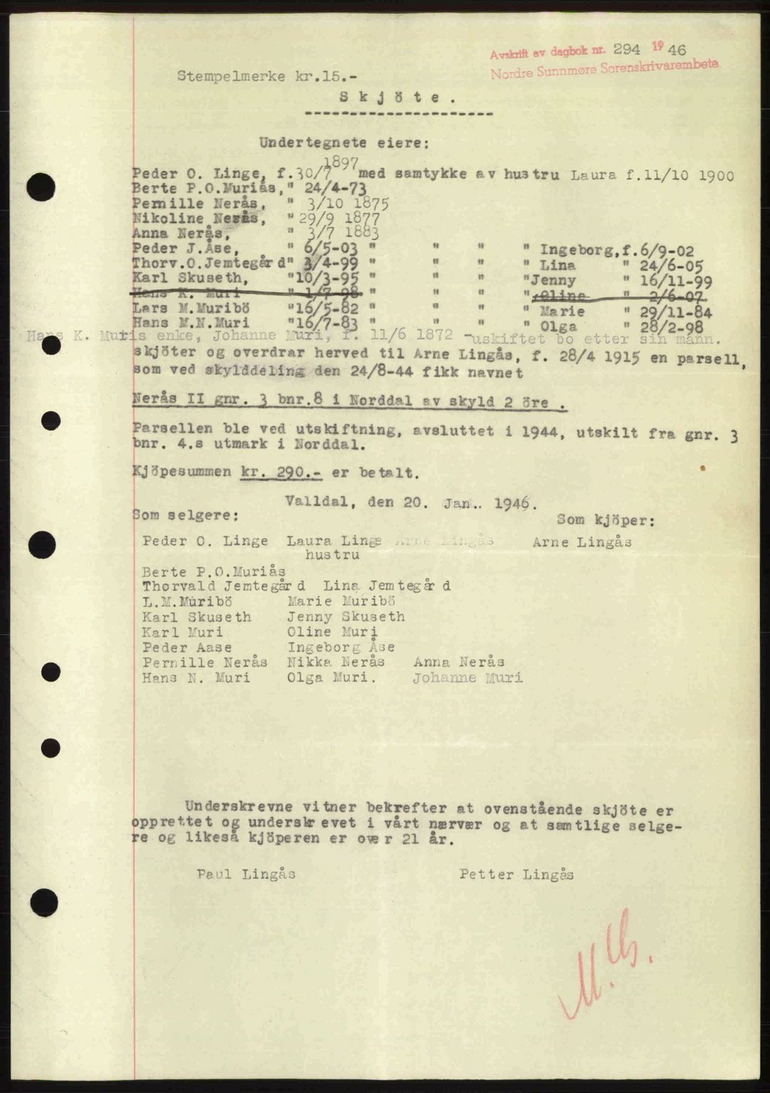 Nordre Sunnmøre sorenskriveri, AV/SAT-A-0006/1/2/2C/2Ca: Mortgage book no. A20b, 1946-1946, Diary no: : 294/1946