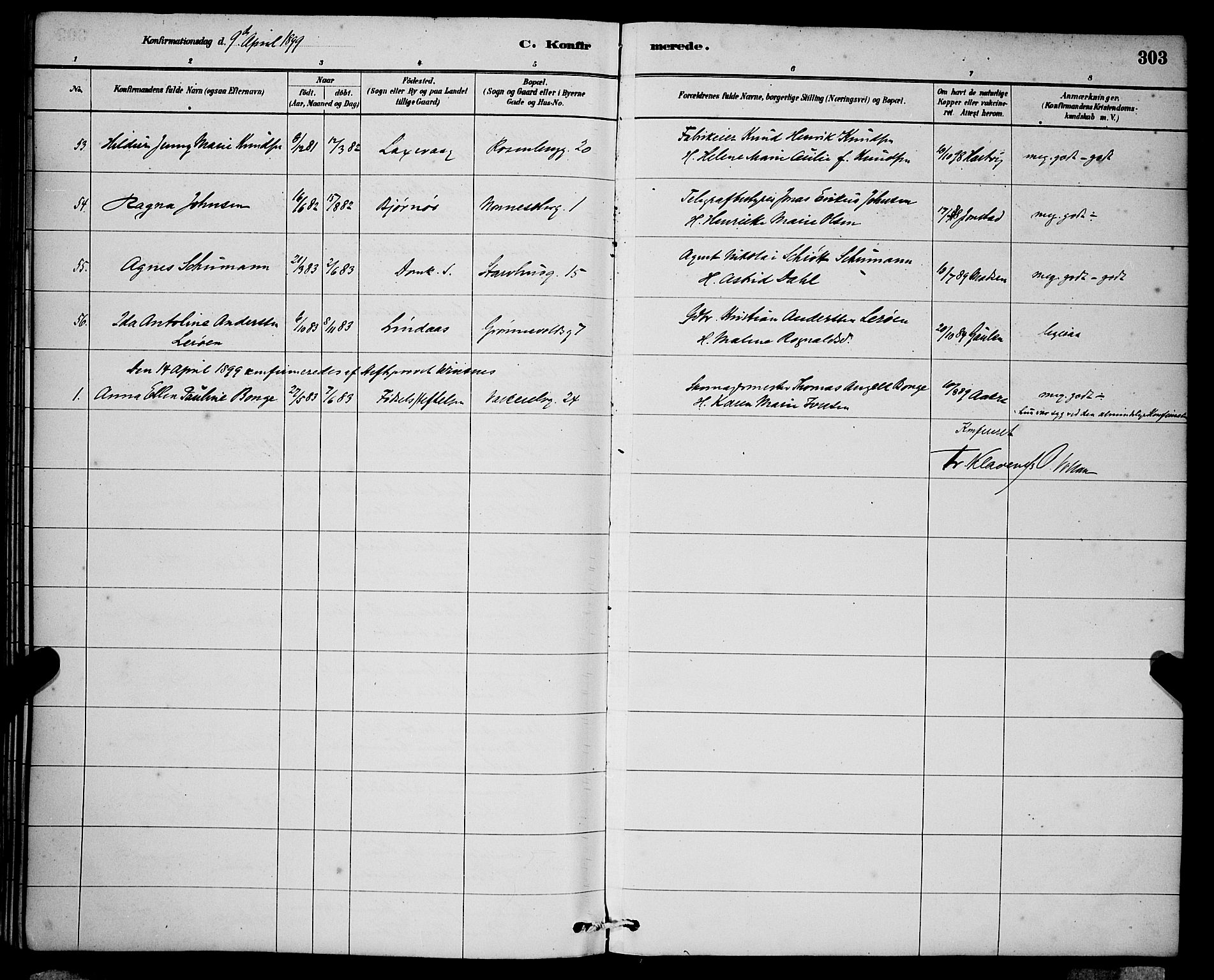 Domkirken sokneprestembete, SAB/A-74801/H/Hab/L0024: Parish register (copy) no. C 4, 1880-1899, p. 303