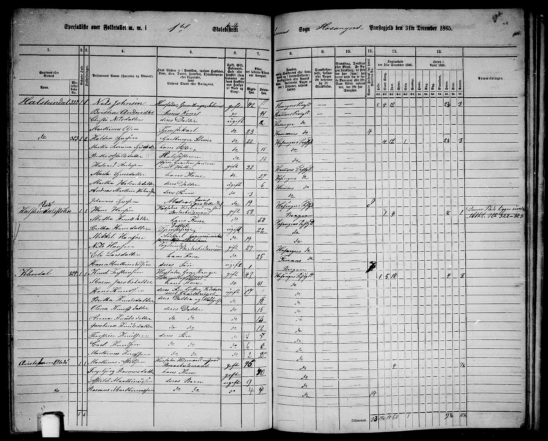 RA, 1865 census for Hosanger, 1865, p. 153