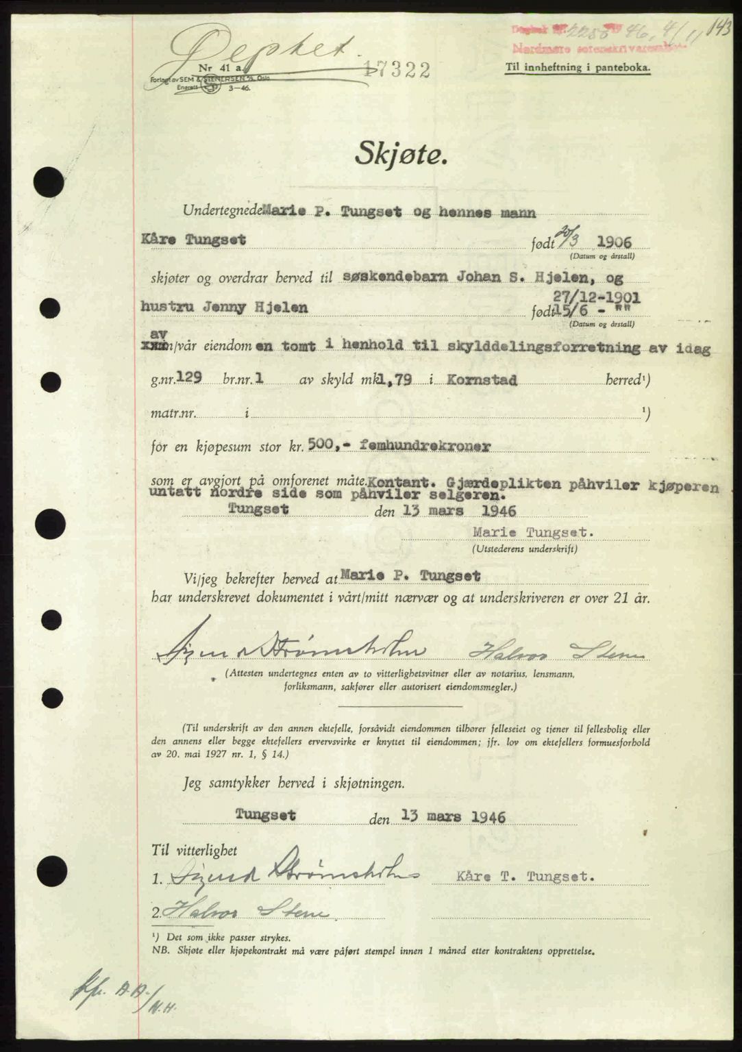 Nordmøre sorenskriveri, AV/SAT-A-4132/1/2/2Ca: Mortgage book no. A103, 1946-1947, Diary no: : 2250/1946