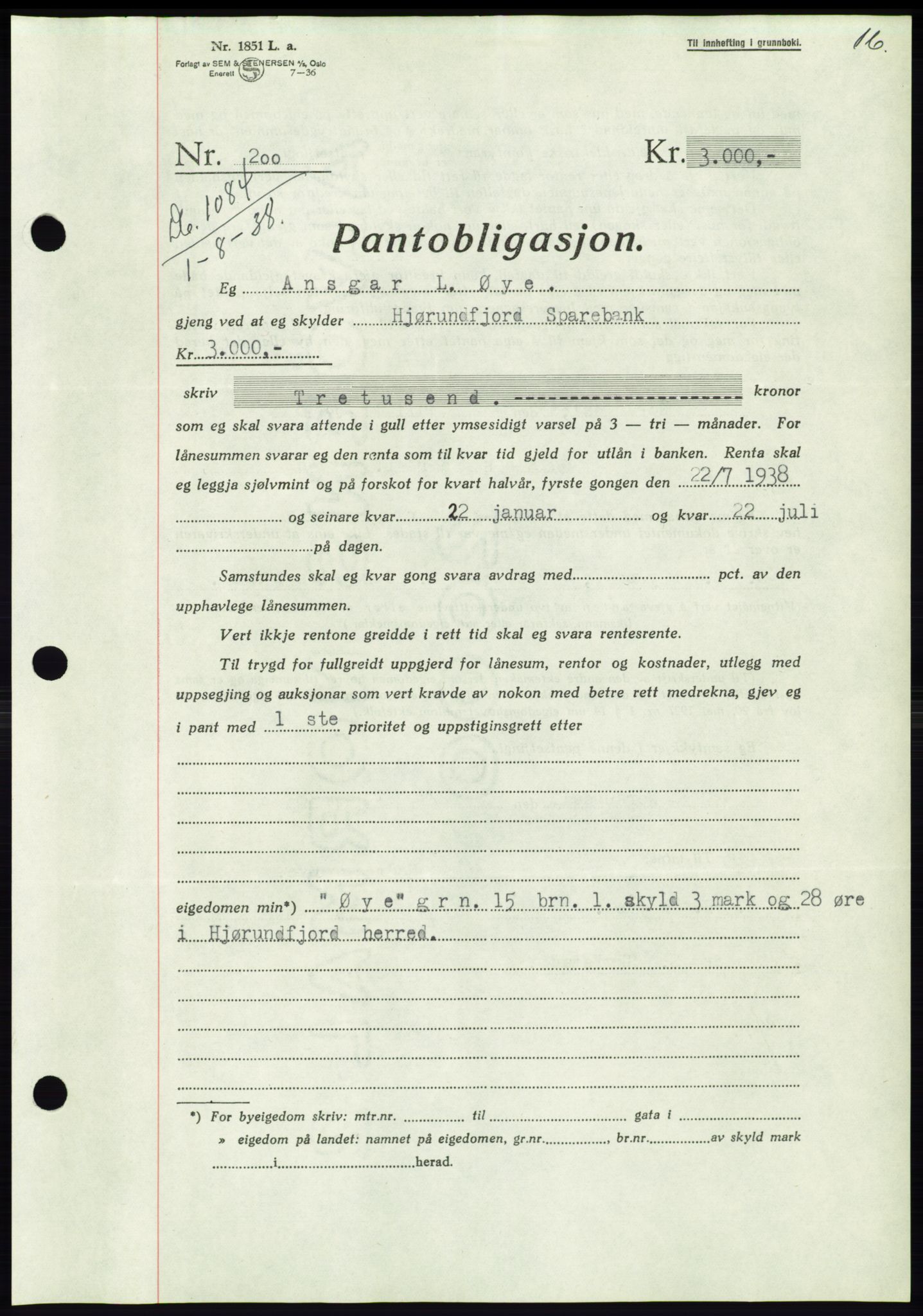 Søre Sunnmøre sorenskriveri, AV/SAT-A-4122/1/2/2C/L0066: Mortgage book no. 60, 1938-1938, Diary no: : 1084/1938