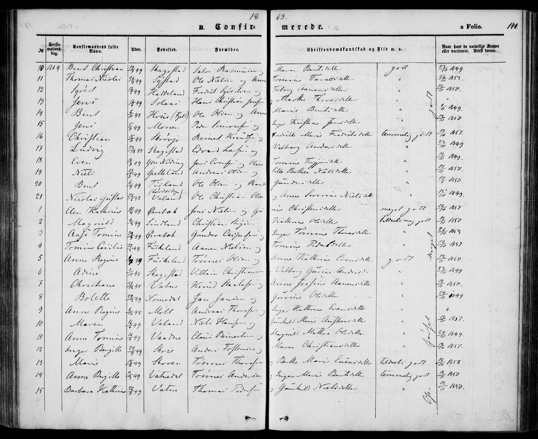 Holum sokneprestkontor, AV/SAK-1111-0022/F/Fa/Faa/L0005: Parish register (official) no. A 5, 1850-1864, p. 144