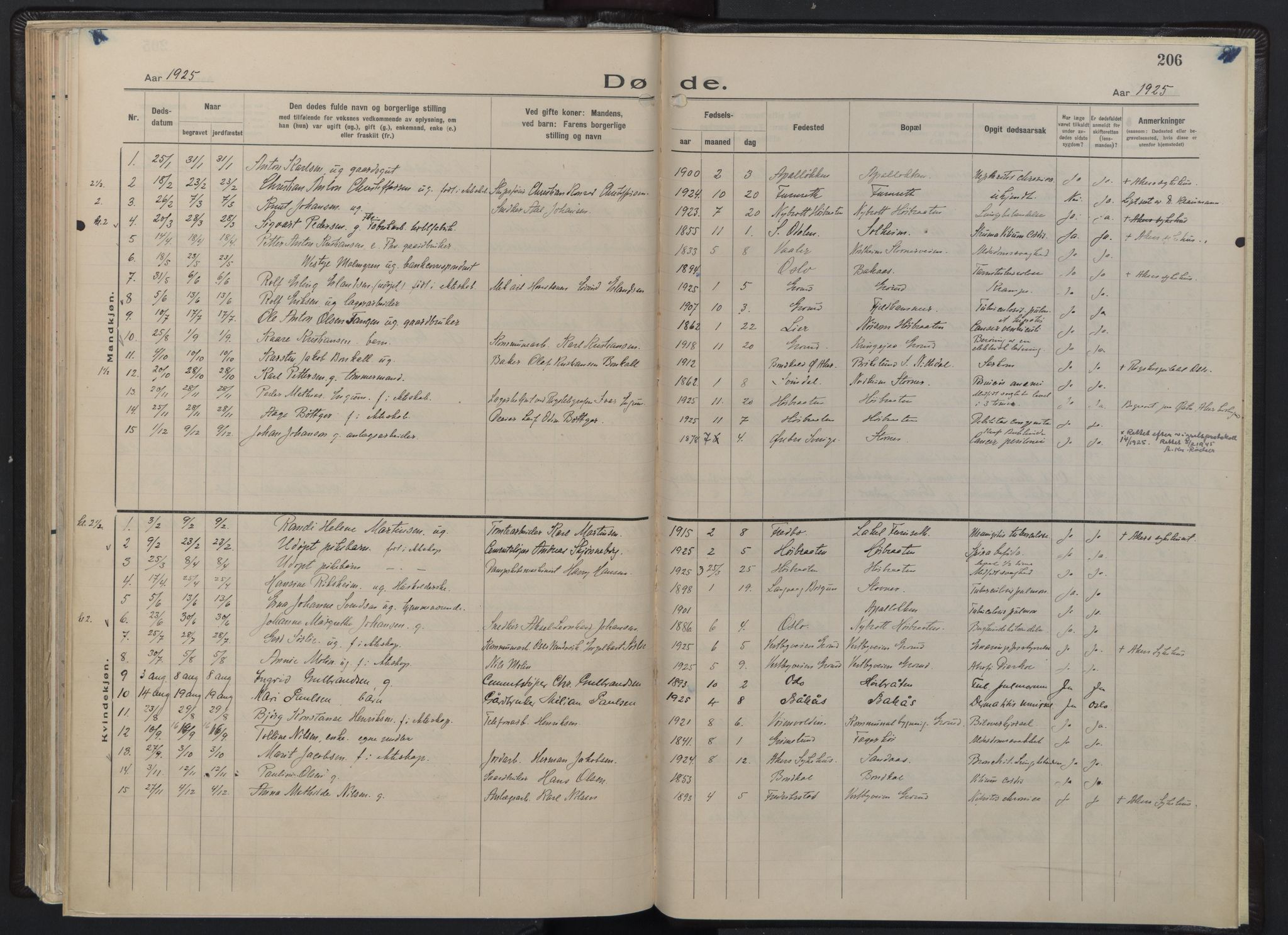 Østre Aker prestekontor Kirkebøker, SAO/A-10840/F/Fb/L0002: Parish register (official) no. II 2, 1918-1930, p. 206