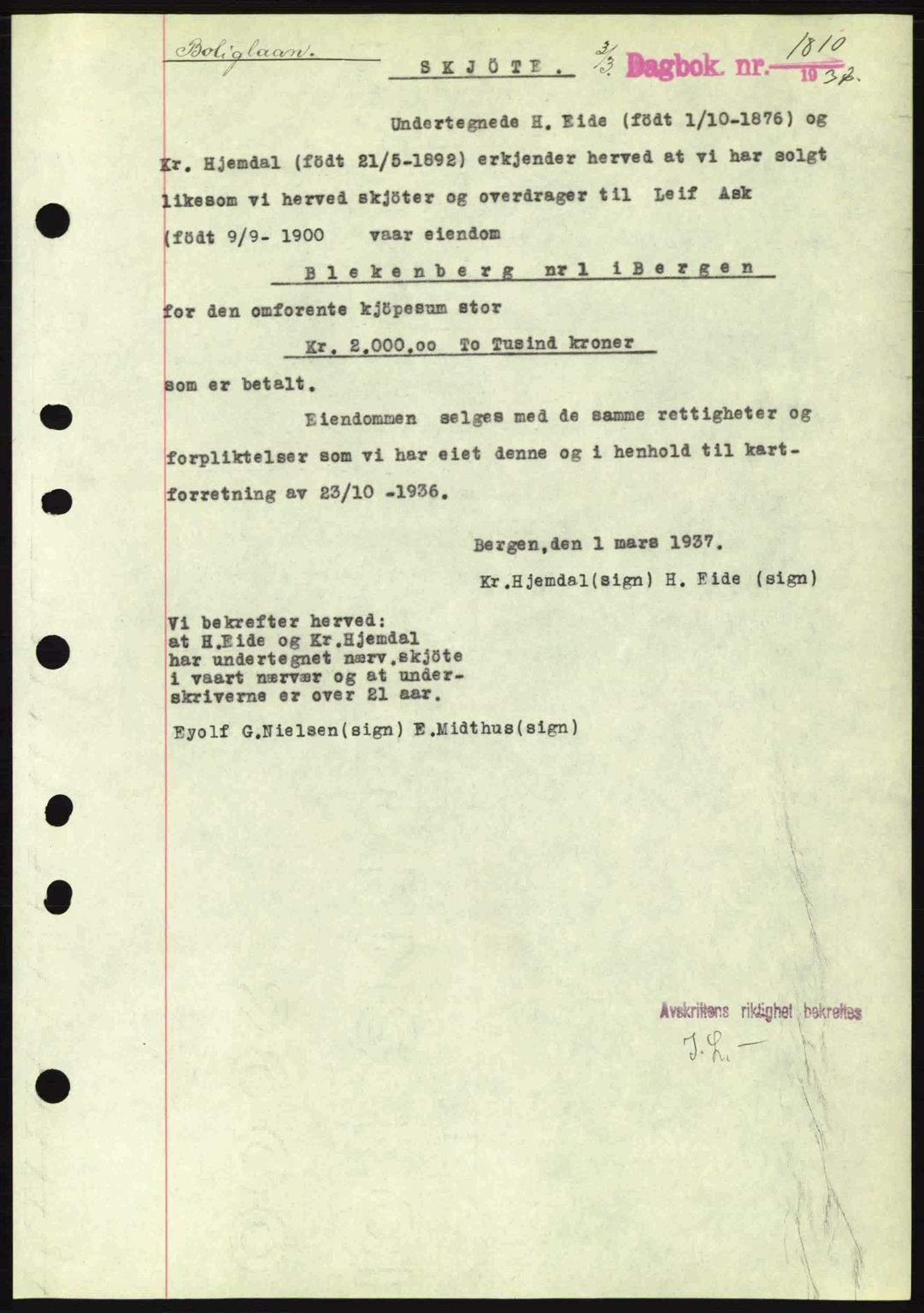 Byfogd og Byskriver i Bergen, AV/SAB-A-3401/03/03Bc/L0004: Mortgage book no. A3-4, 1936-1937, Diary no: : 1810/1937