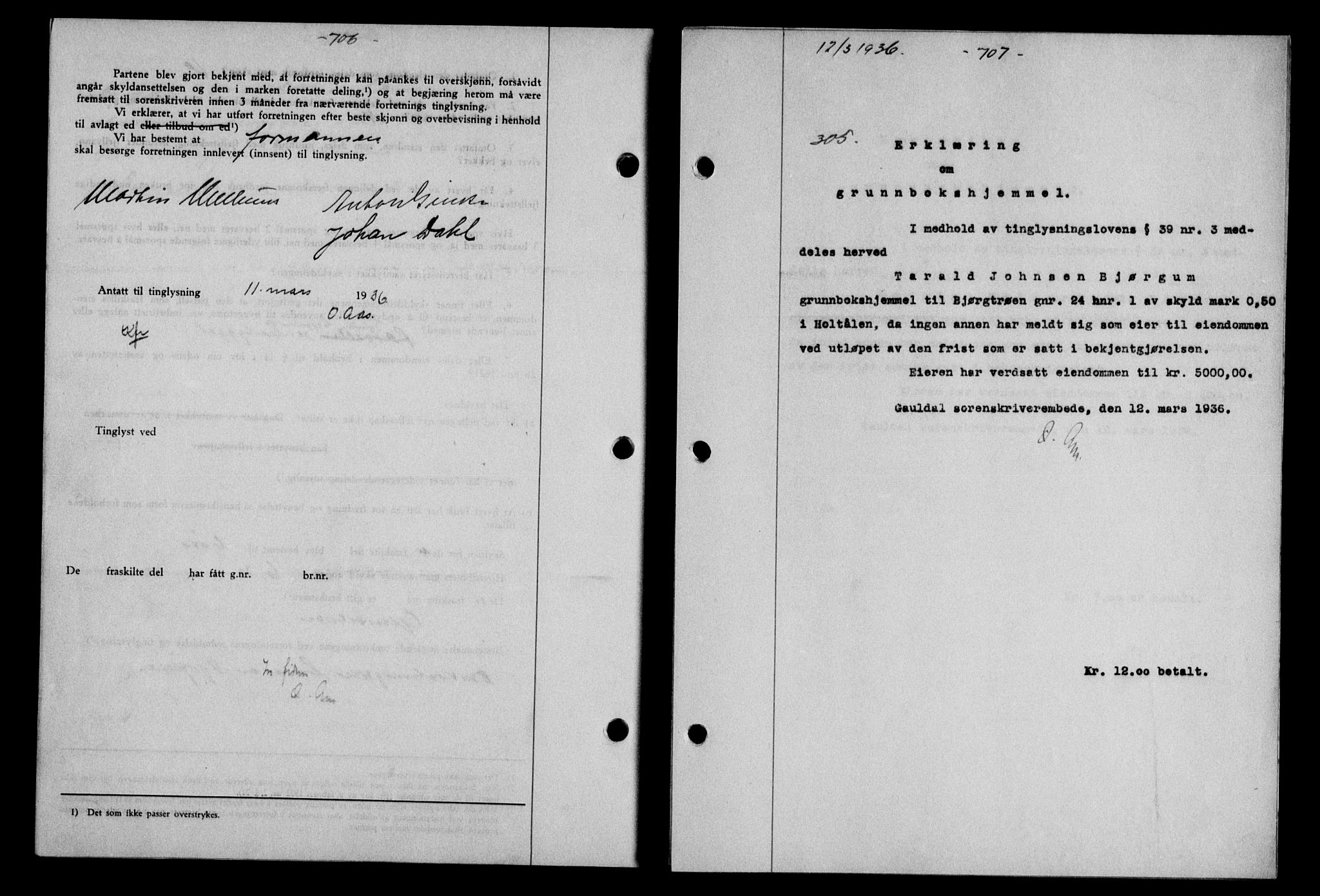 Gauldal sorenskriveri, SAT/A-0014/1/2/2C/L0045: Mortgage book no. 47-49, 1935-1936, Deed date: 12.03.1936