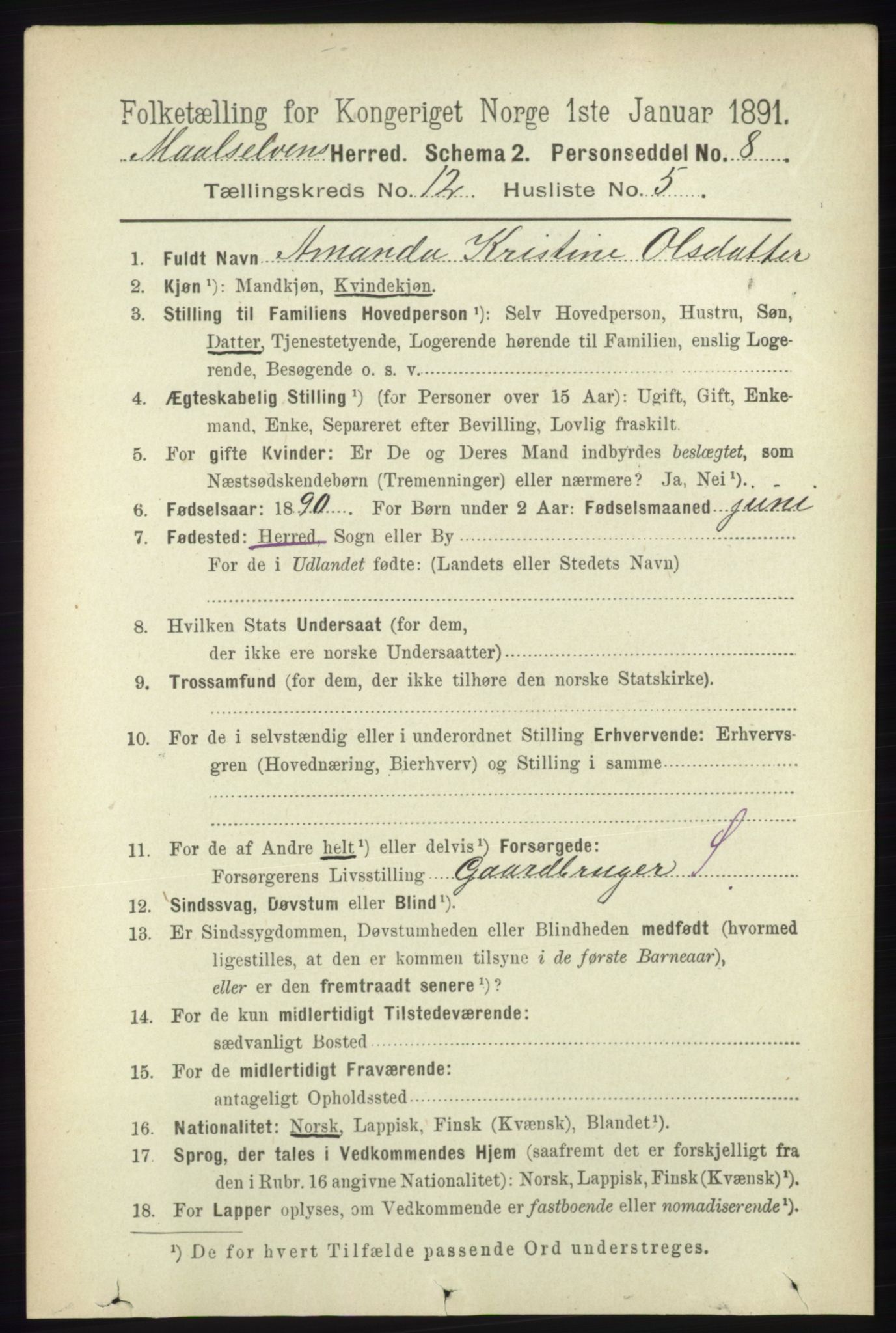 RA, 1891 census for 1924 Målselv, 1891, p. 3826