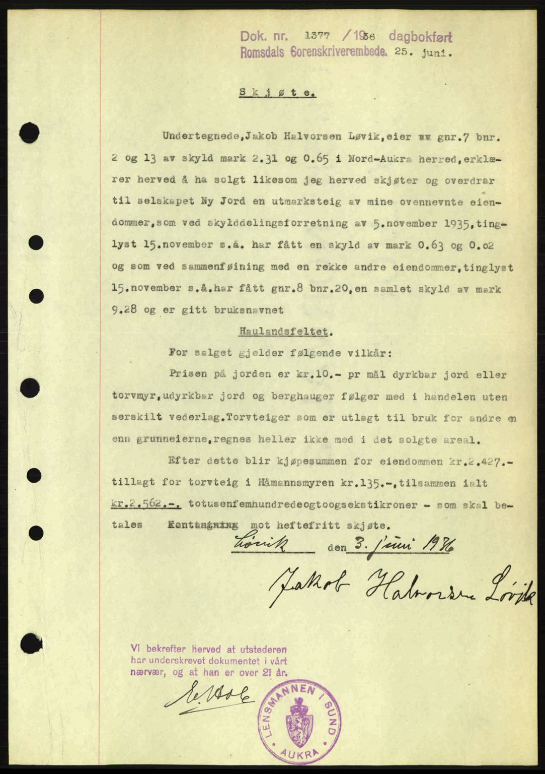 Romsdal sorenskriveri, AV/SAT-A-4149/1/2/2C: Mortgage book no. A1, 1936-1936, Diary no: : 1377/1936