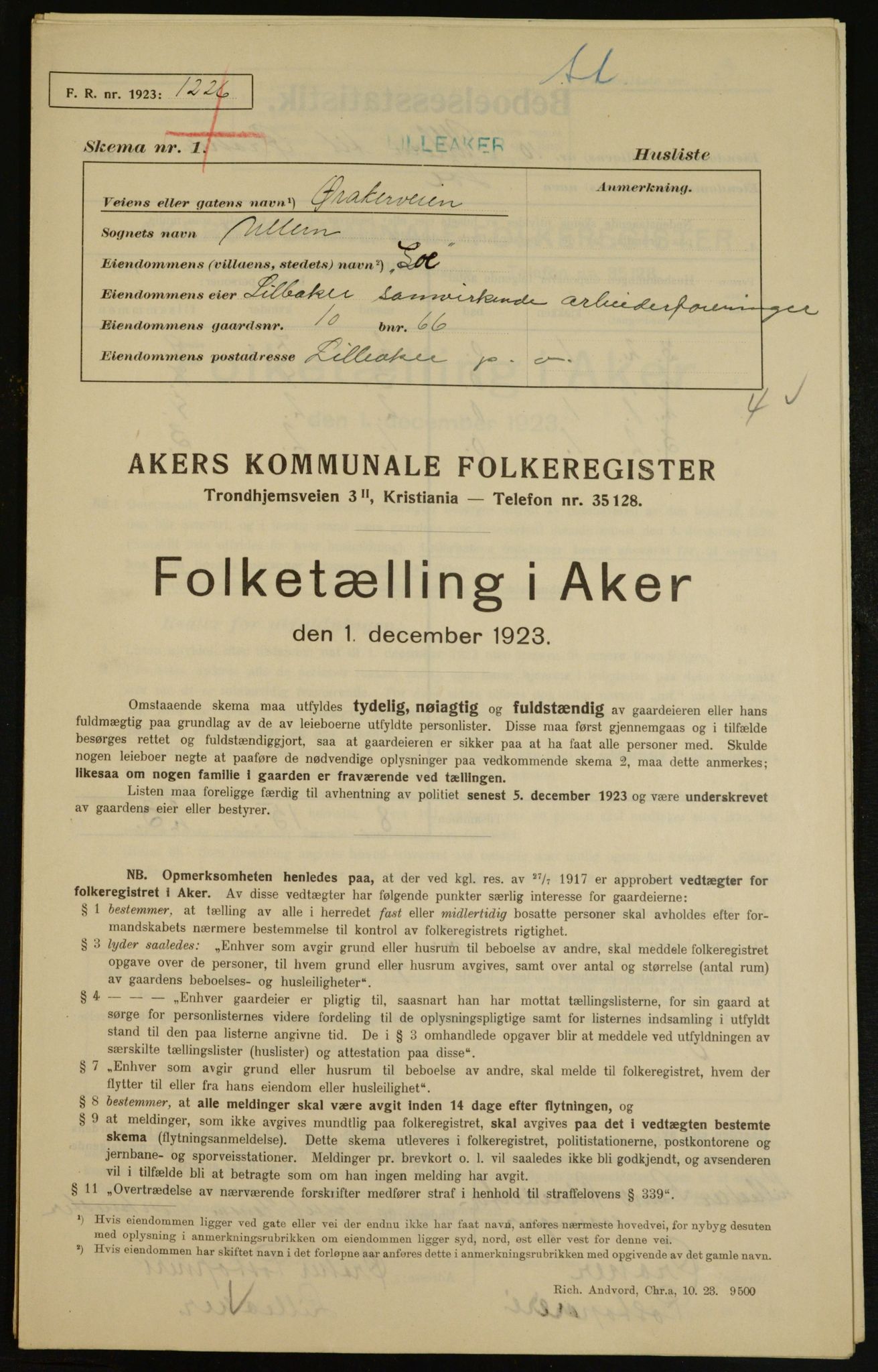 , Municipal Census 1923 for Aker, 1923, p. 2809