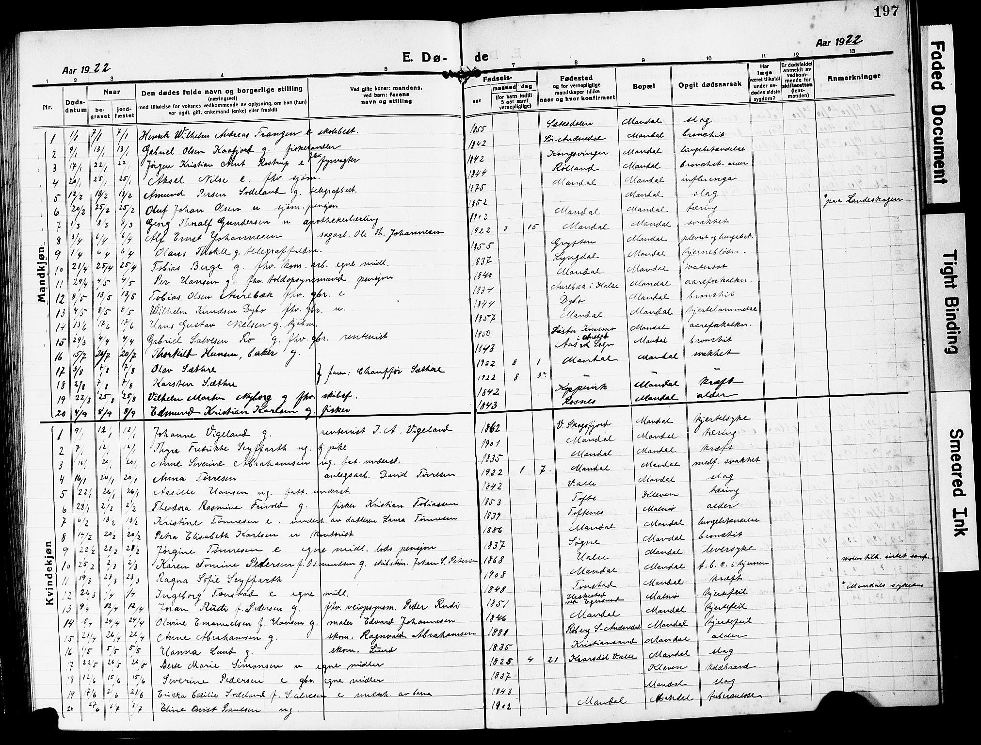 Mandal sokneprestkontor, SAK/1111-0030/F/Fb/Fbc/L0001: Parish register (copy) no. B 1, 1918-1931, p. 197
