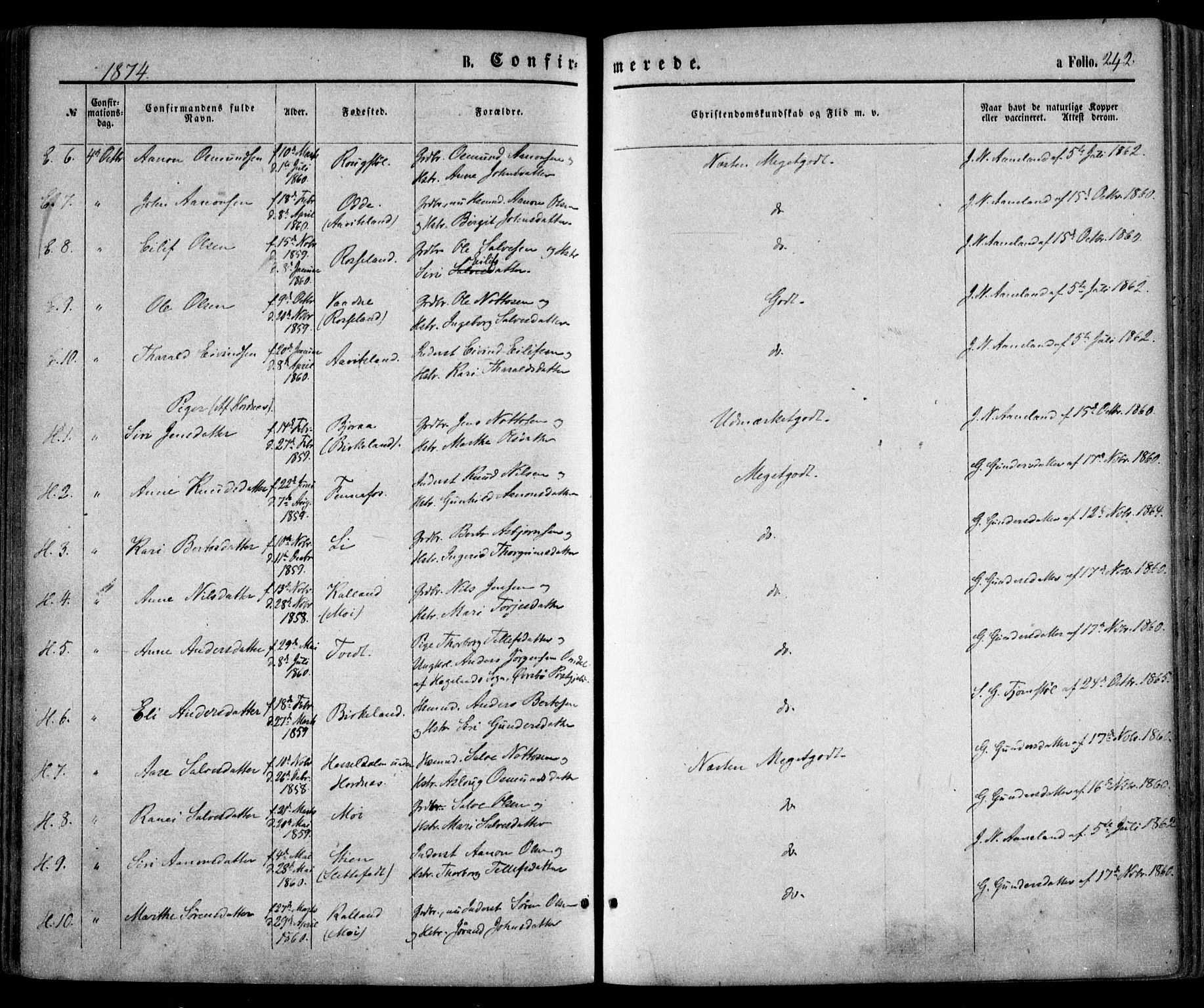 Evje sokneprestkontor, SAK/1111-0008/F/Fa/Faa/L0006: Parish register (official) no. A 6, 1866-1884, p. 242