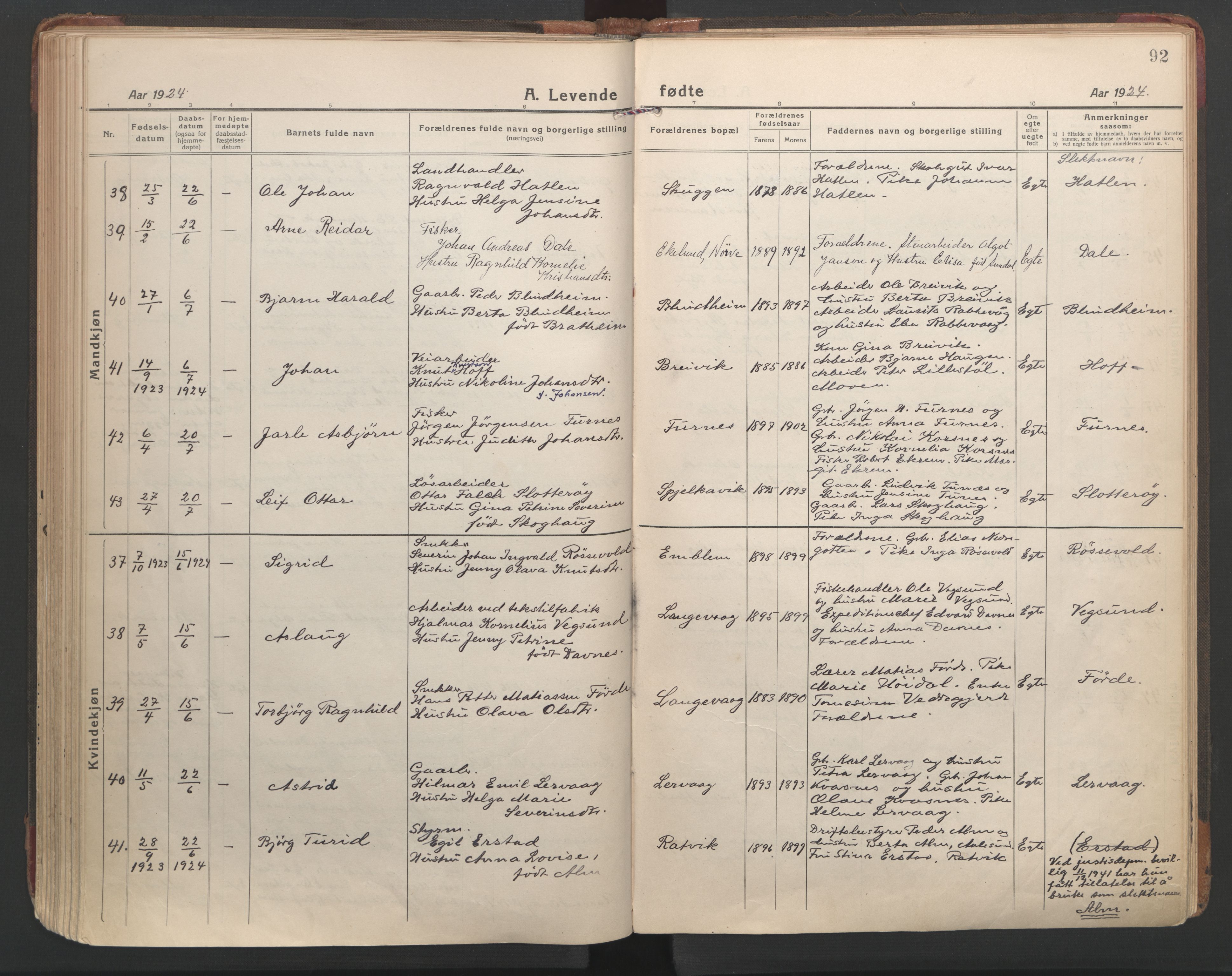 Ministerialprotokoller, klokkerbøker og fødselsregistre - Møre og Romsdal, AV/SAT-A-1454/528/L0412: Parish register (official) no. 528A21, 1920-1926, p. 92