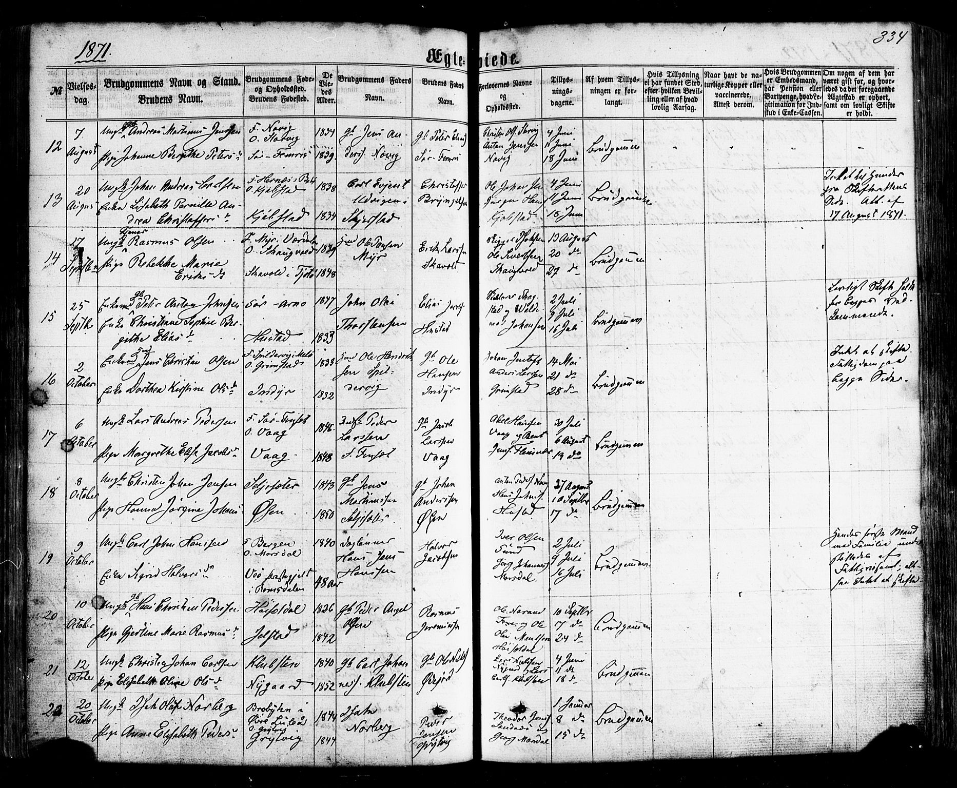 Ministerialprotokoller, klokkerbøker og fødselsregistre - Nordland, SAT/A-1459/805/L0098: Parish register (official) no. 805A05, 1862-1879, p. 334