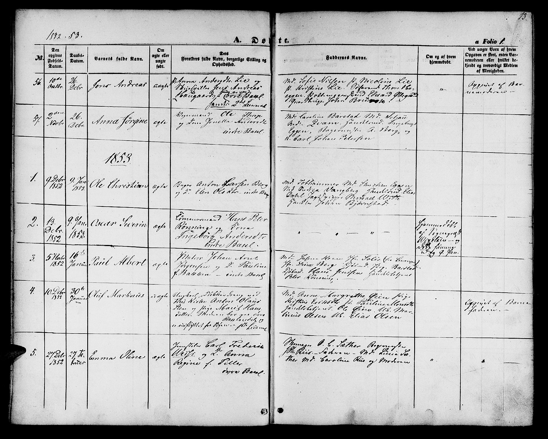 Ministerialprotokoller, klokkerbøker og fødselsregistre - Sør-Trøndelag, SAT/A-1456/604/L0184: Parish register (official) no. 604A05, 1851-1860, p. 13