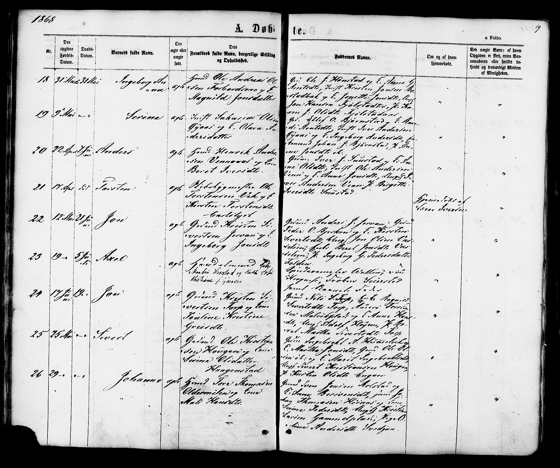 Ministerialprotokoller, klokkerbøker og fødselsregistre - Sør-Trøndelag, SAT/A-1456/616/L0409: Parish register (official) no. 616A06, 1865-1877, p. 19
