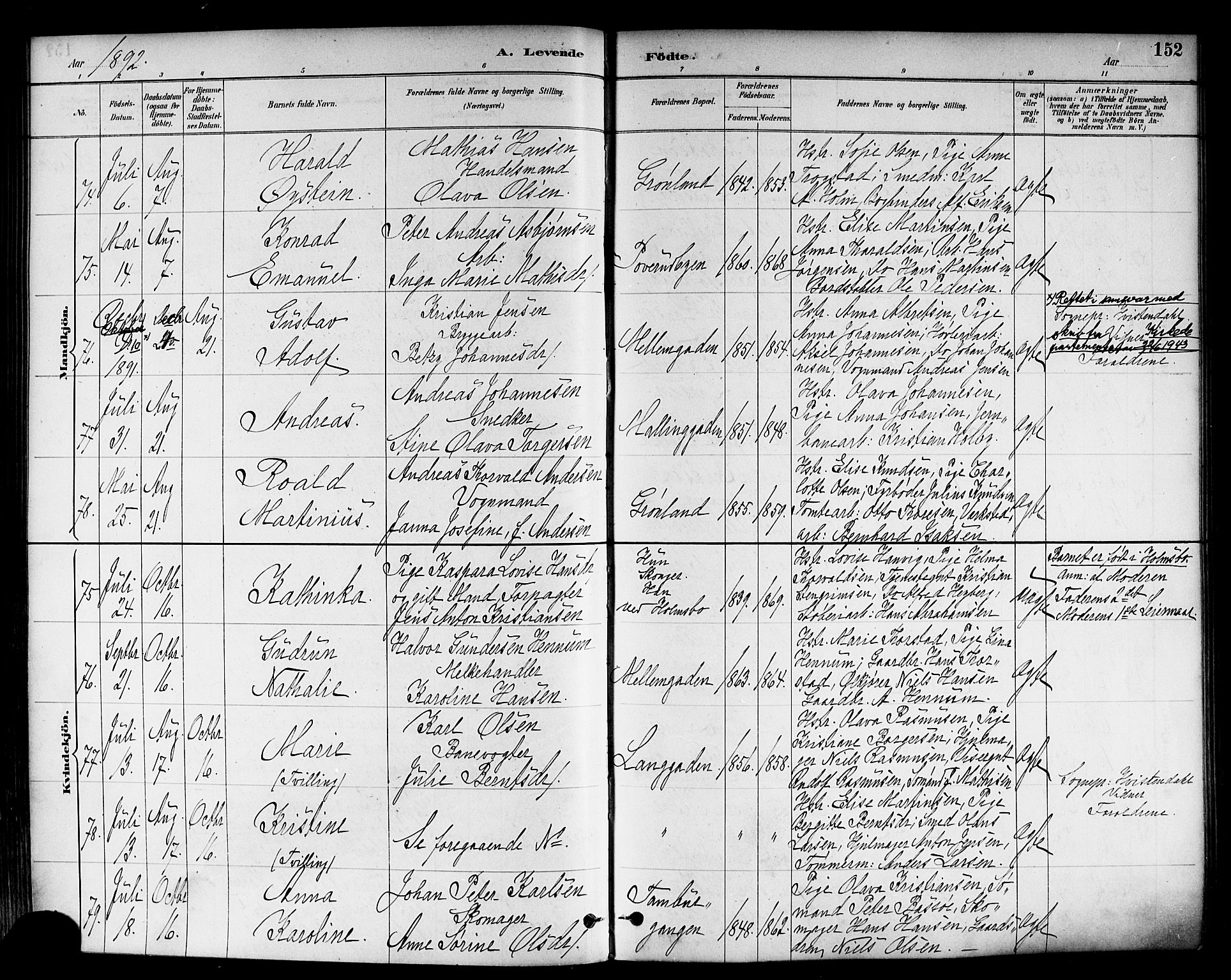 Strømsø kirkebøker, SAKO/A-246/F/Fa/L0023: Parish register (official) no. I 23, 1885-1894, p. 152