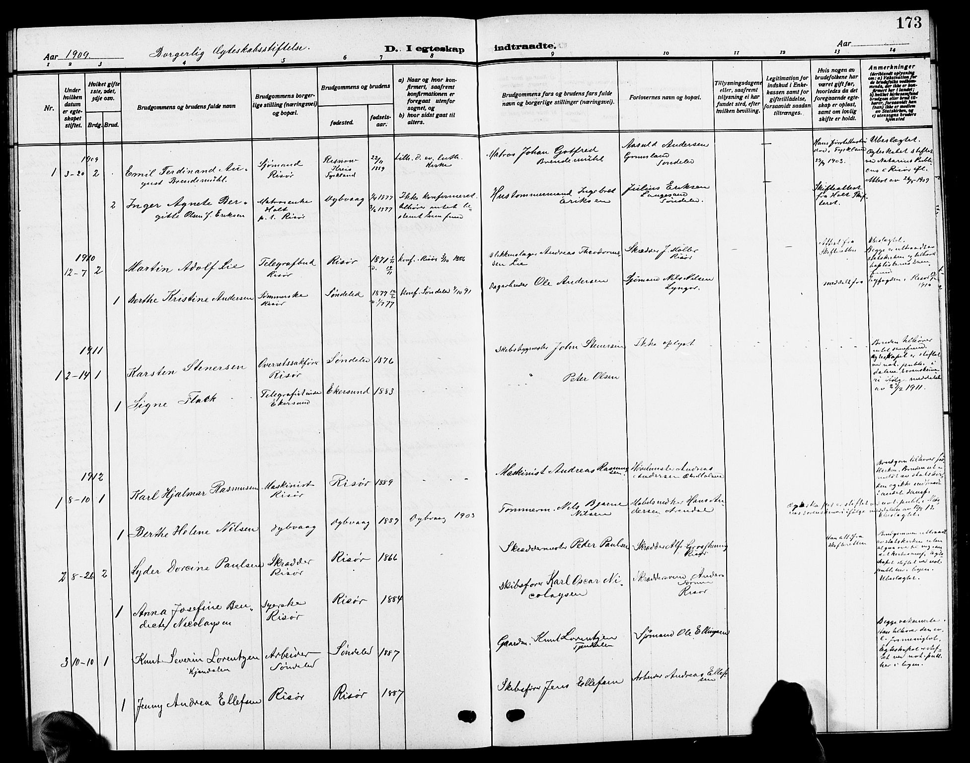 Risør sokneprestkontor, SAK/1111-0035/F/Fb/L0008: Parish register (copy) no. B 8, 1909-1921, p. 173