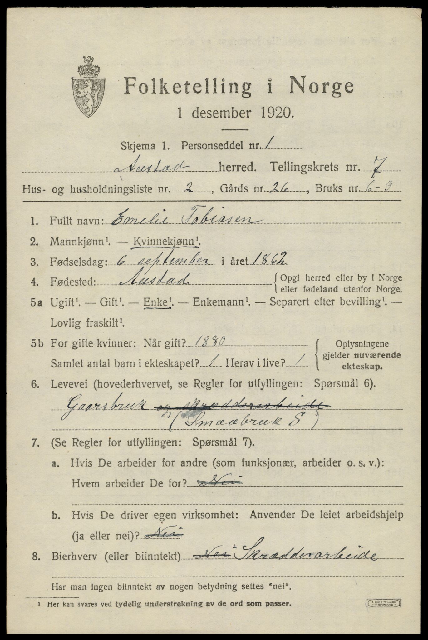 SAK, 1920 census for Austad, 1920, p. 2293