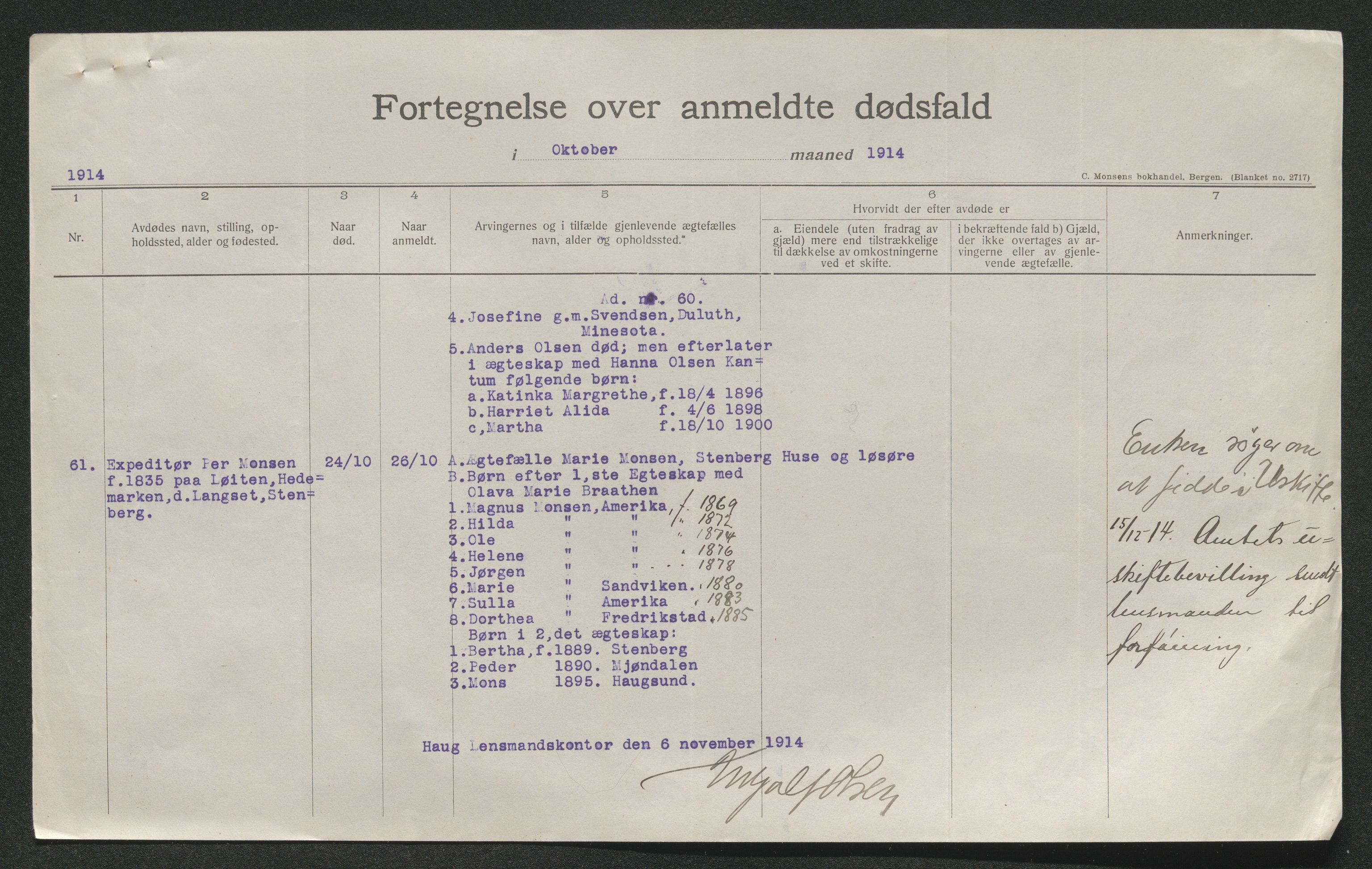 Eiker, Modum og Sigdal sorenskriveri, SAKO/A-123/H/Ha/Hab/L0037: Dødsfallsmeldinger, 1914-1915, p. 392