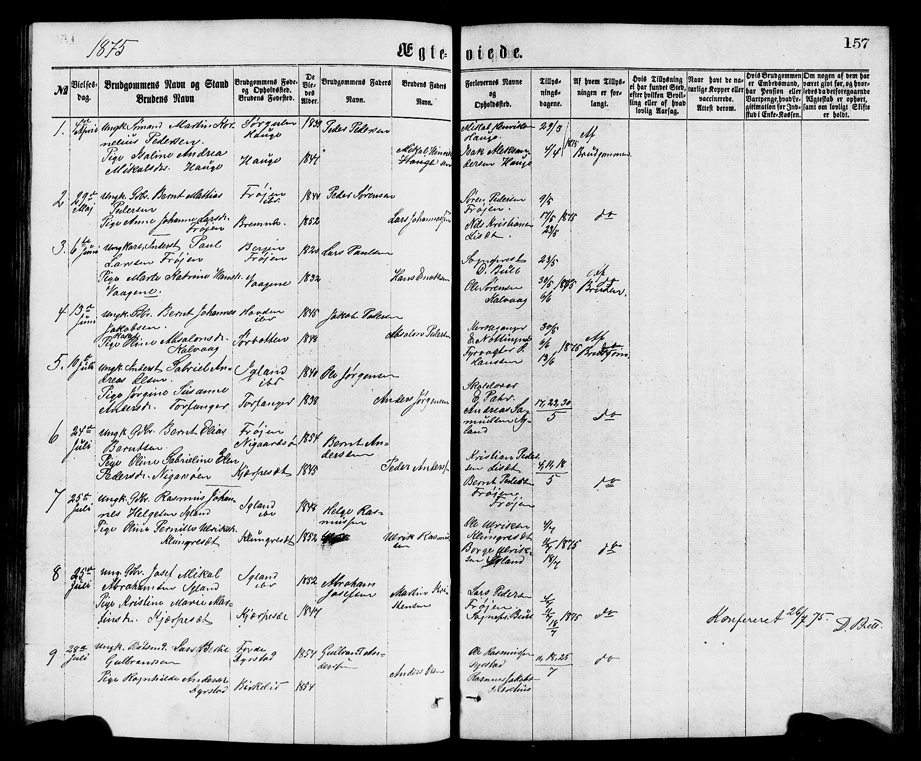 Bremanger sokneprestembete, SAB/A-82201/H/Hab/Haba/L0002: Parish register (copy) no. A 2, 1866-1889, p. 157