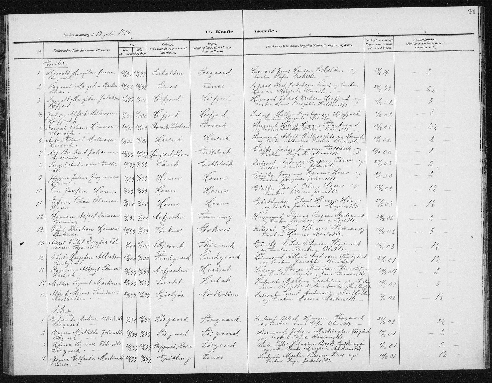Ministerialprotokoller, klokkerbøker og fødselsregistre - Sør-Trøndelag, SAT/A-1456/656/L0699: Parish register (copy) no. 656C05, 1905-1920, p. 91