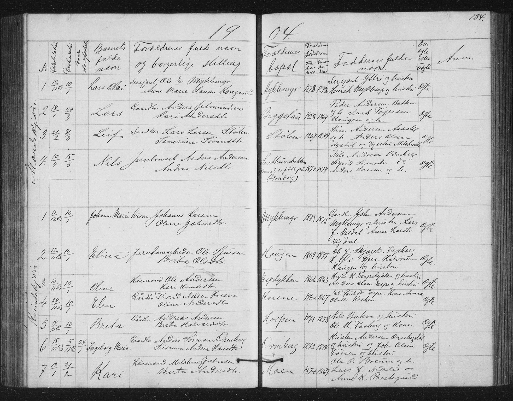 Jostedal sokneprestembete, AV/SAB-A-80601/H/Hab/Haba/L0001: Parish register (copy) no. A 1, 1861-1906, p. 134