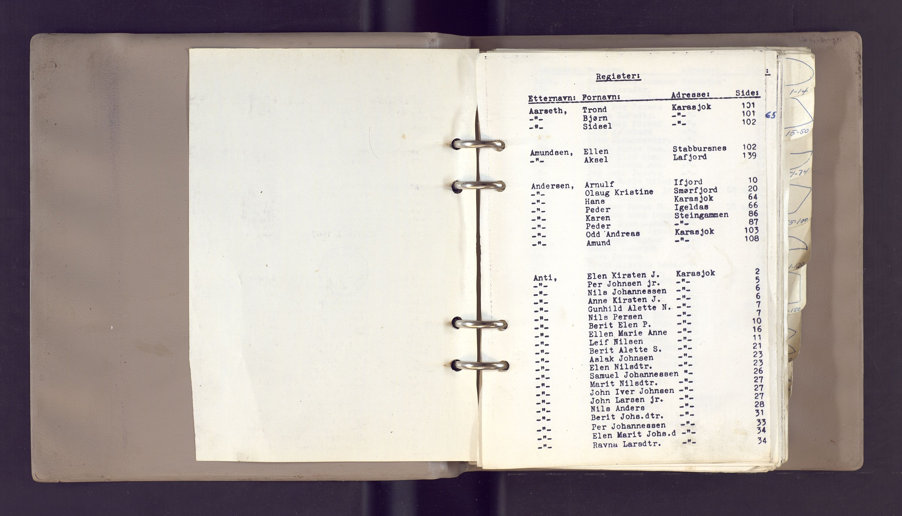 Lappefogden i Finnmark/Reindriftsforvaltningen Øst-Finnmark, AV/SATØ-S-1461/G/Gd/L0002/0001: Reinmerkeregisterprotokoller / Reinmerkeregisterprotokoll for Karasjok reinsogn, 1967