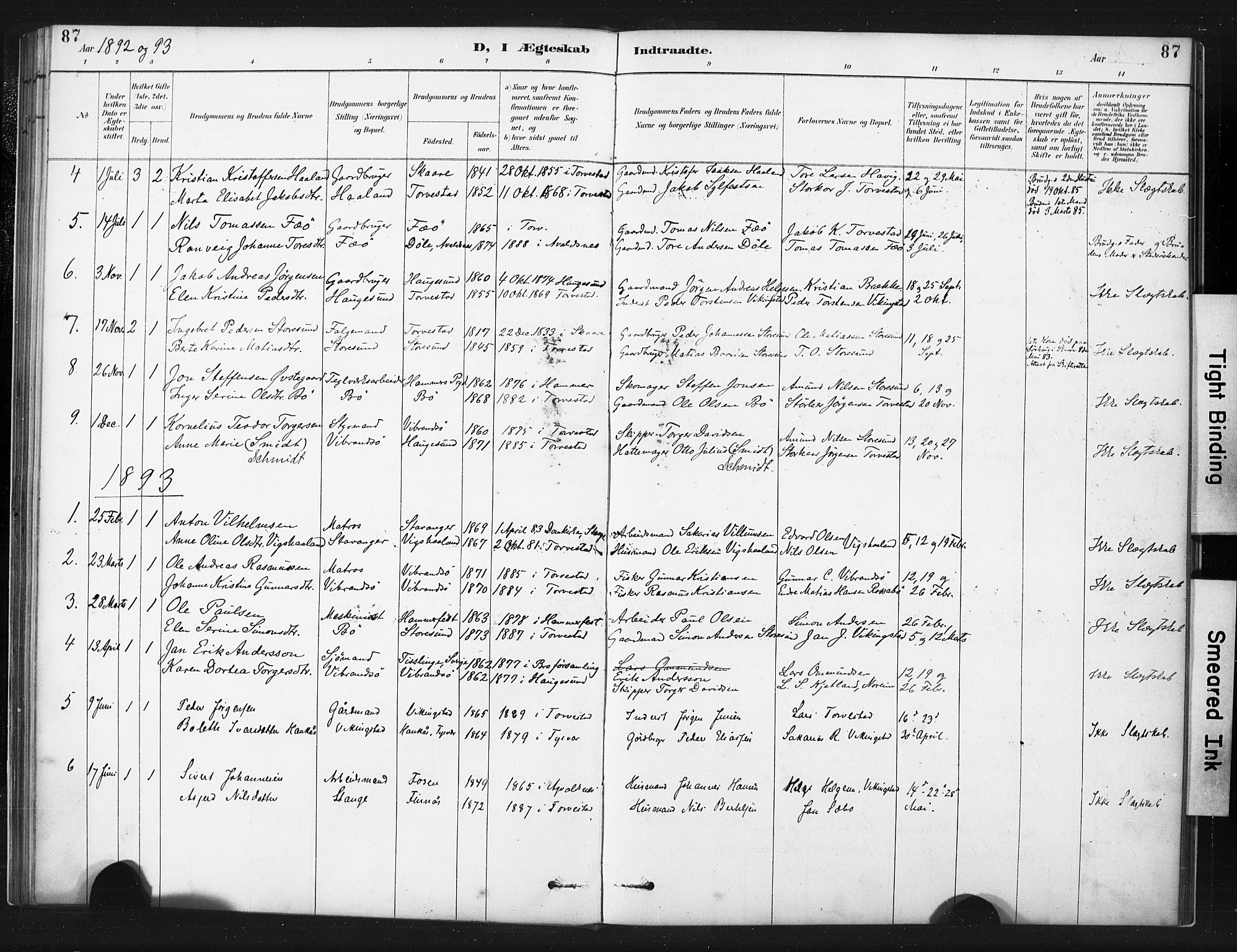 Torvastad sokneprestkontor, AV/SAST-A -101857/H/Ha/Haa/L0015: Parish register (official) no. A 14, 1888-1899, p. 87