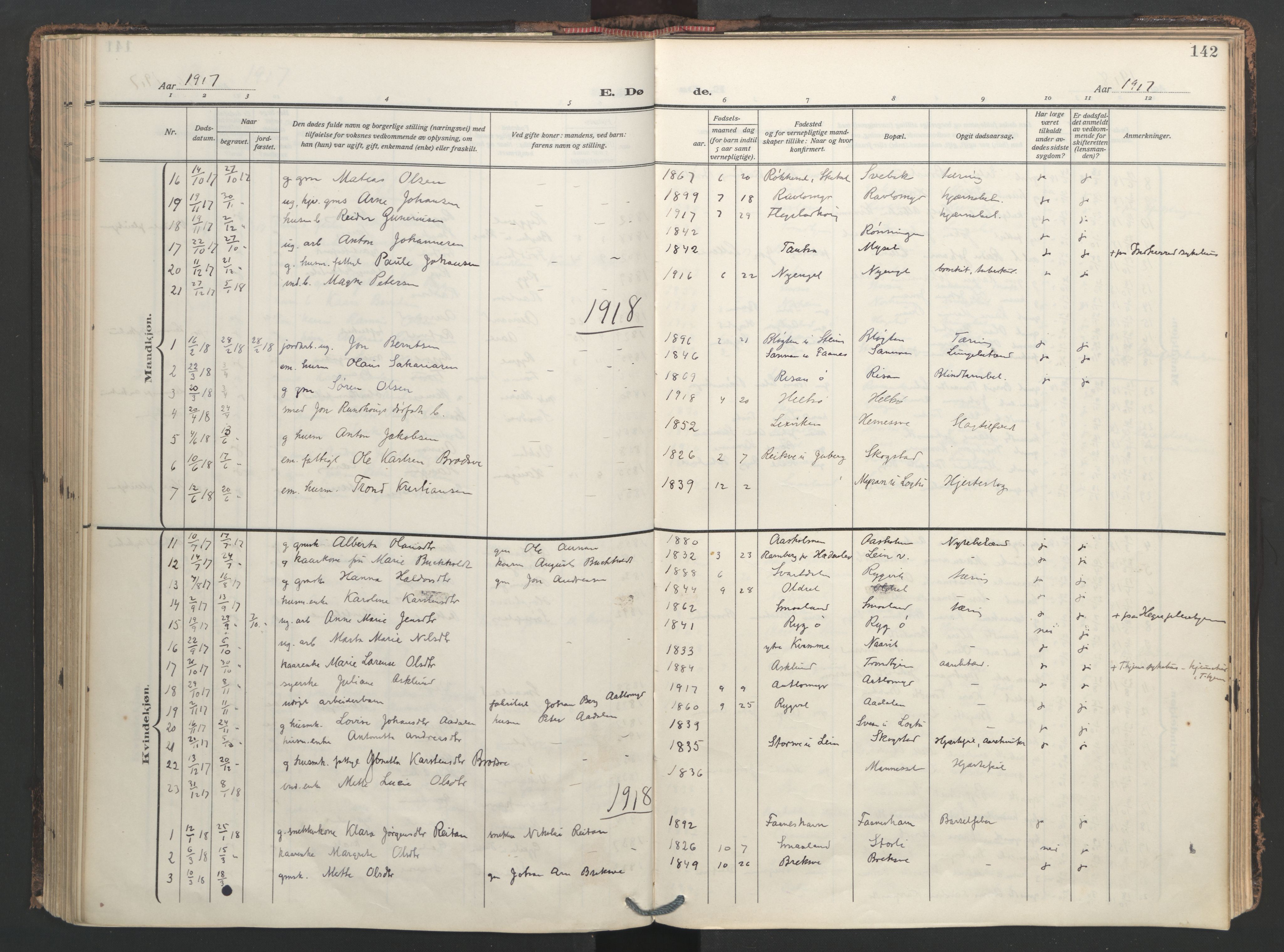 Ministerialprotokoller, klokkerbøker og fødselsregistre - Nord-Trøndelag, SAT/A-1458/713/L0123: Parish register (official) no. 713A12, 1911-1925, p. 142