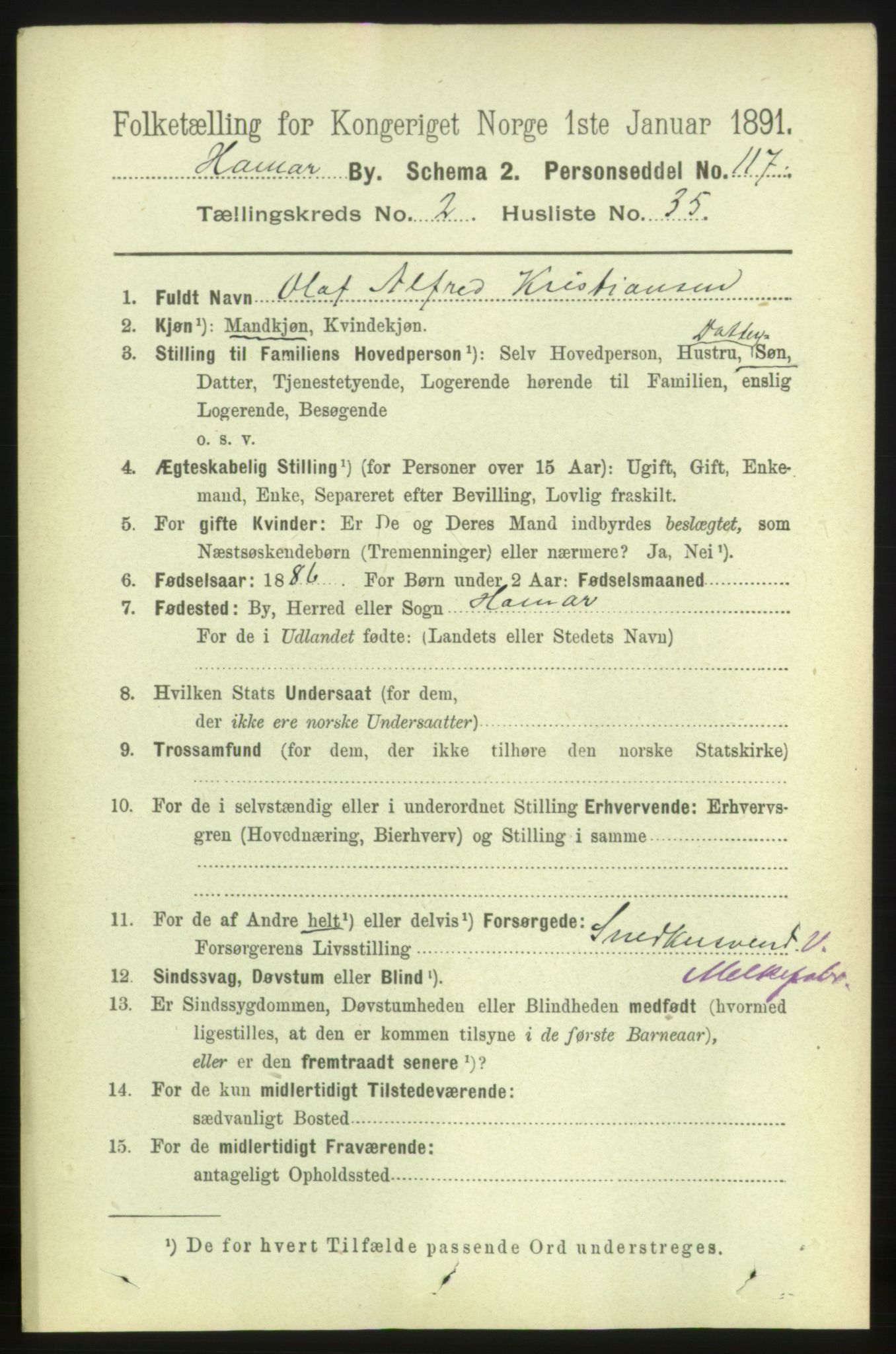 RA, 1891 census for 0401 Hamar, 1891, p. 1582